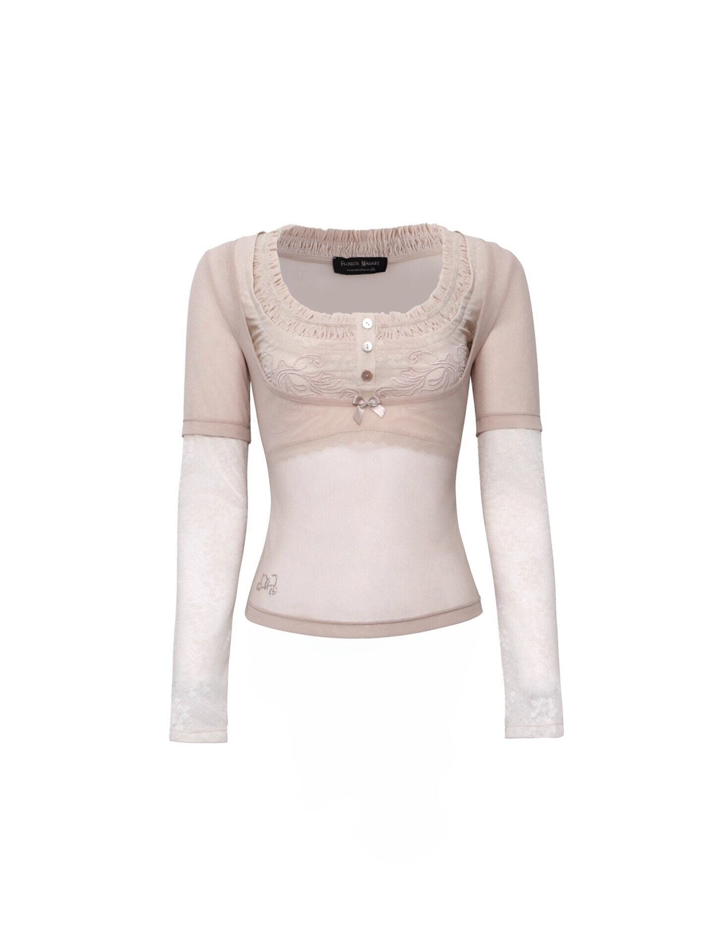 Flowers_birds_Market_Bow_Mesh_Patchwork_Slim_Casual_Cropped_Round_Neck_Women_Long_Sleeve_T-Shirts_MISSTT