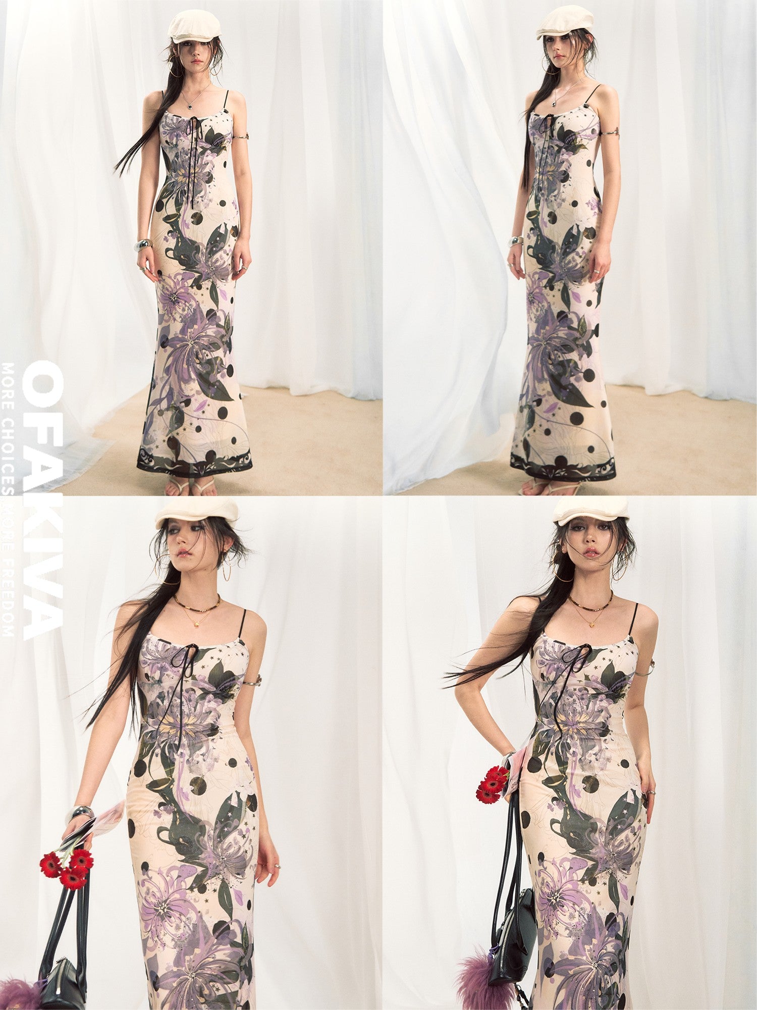 OfAkiva Fishtail Printed Cinched Waist Spaghetti Strap Women&