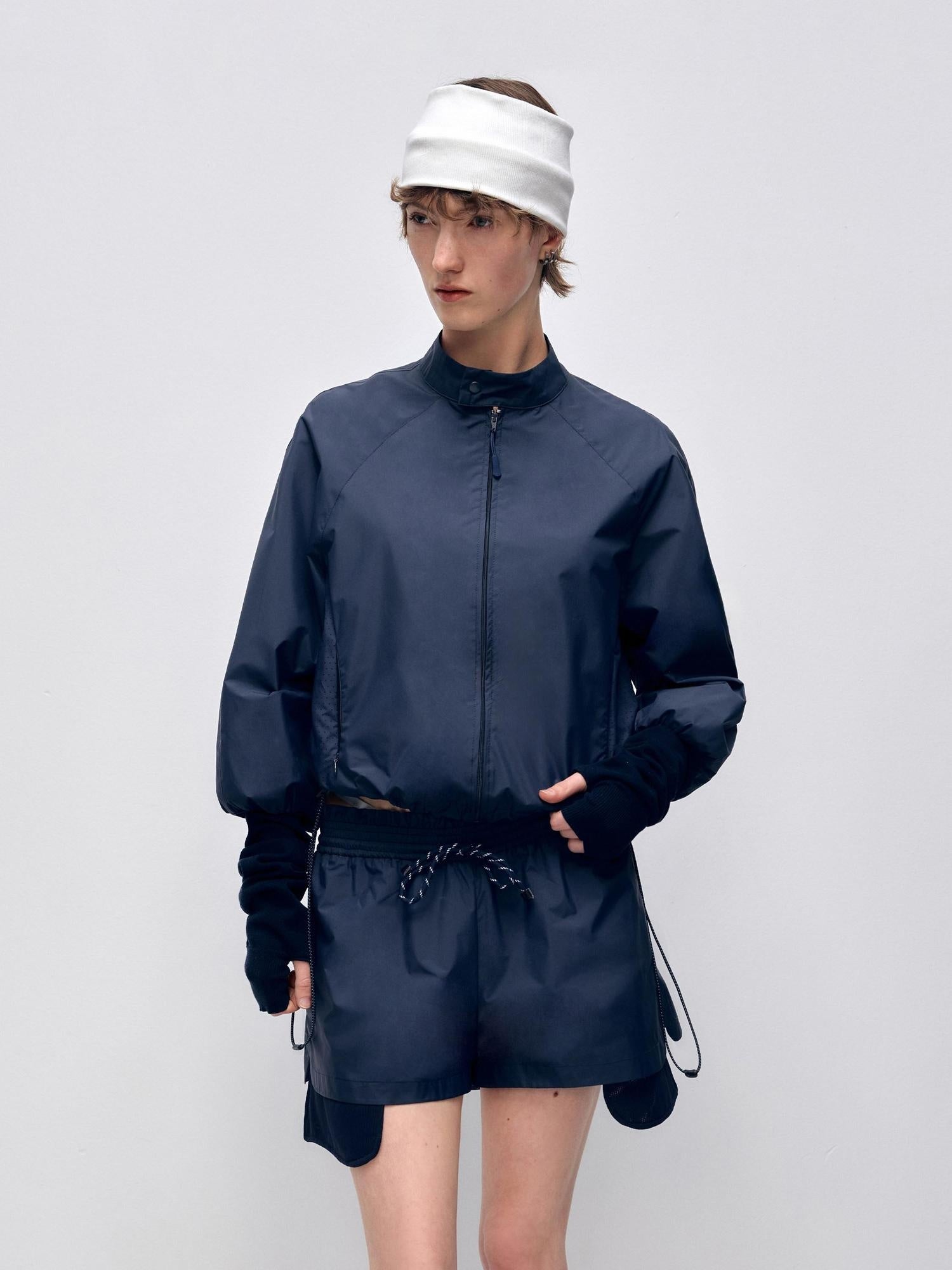 RUN TO THE FUTURE Polyester Two Piece Zip Stand Collar Casual Women Navy Green Short Trousers