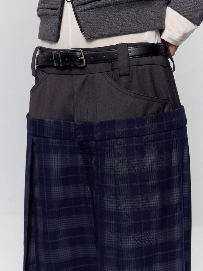 RUN TO THE FUTURE Original Double Waist Pockets Low Rise Wide Leg Women Blue Grey Plaid Chinos