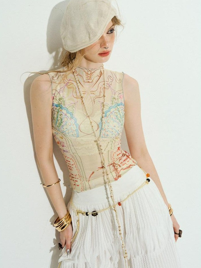 OfAkiva Sea Mural Ocean Shell Print High Neck Cropped Women&