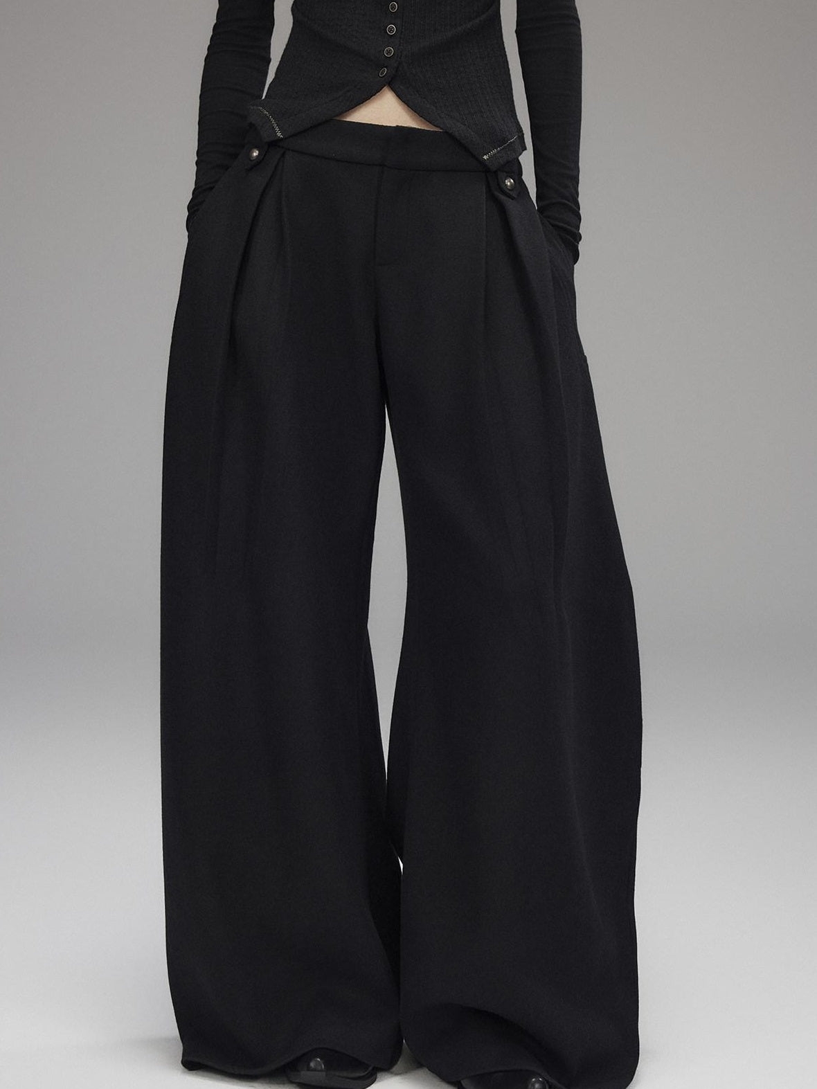 Low pixel Black Wool Blend Low Rise Zipper Casual Straight Hem Women Wide Leg Pants