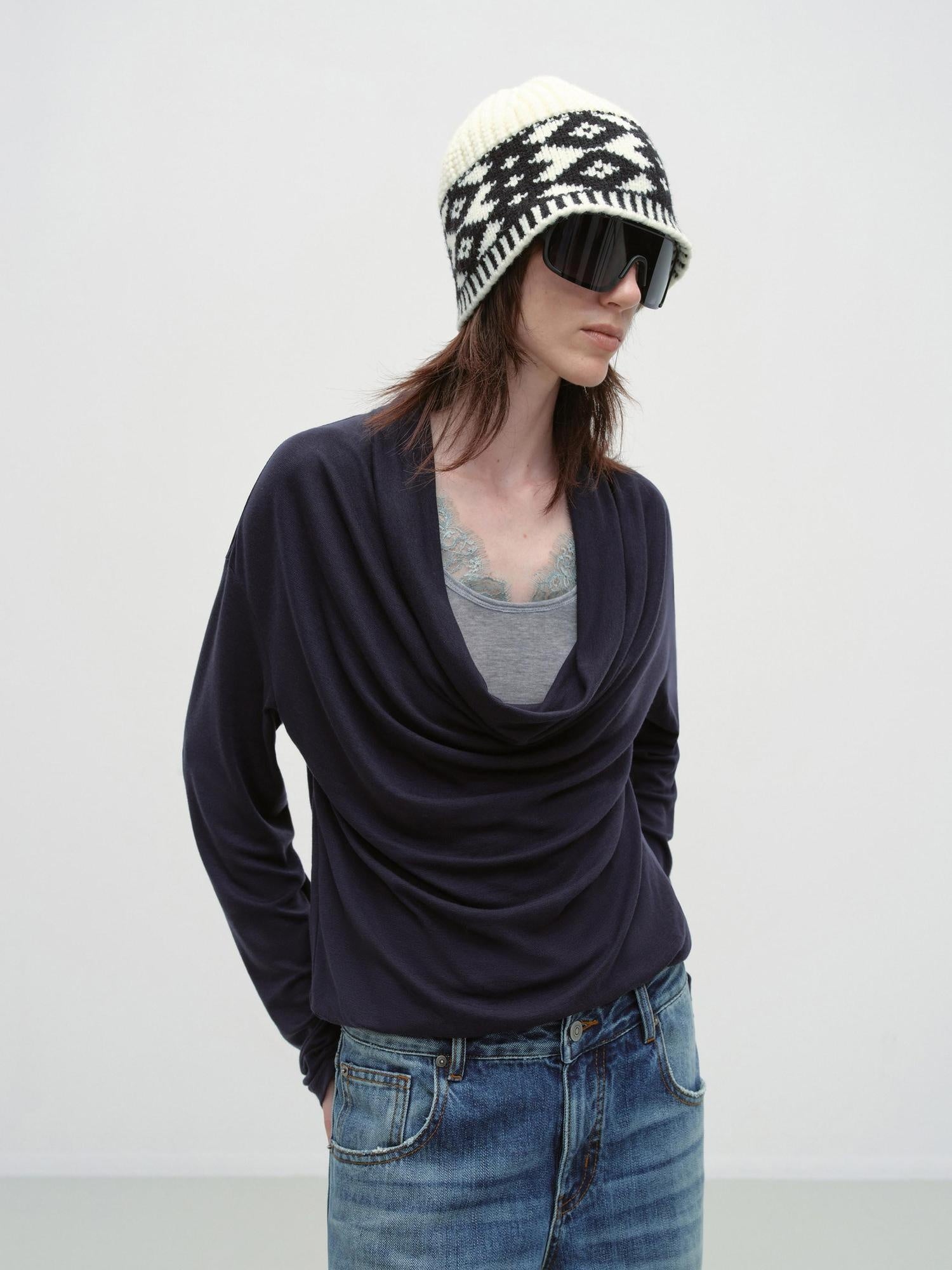 RUN TO THE FUTURE Lyocell Wool Blend Oversized Patchwork Pullover Long Sleeve T-Shirts