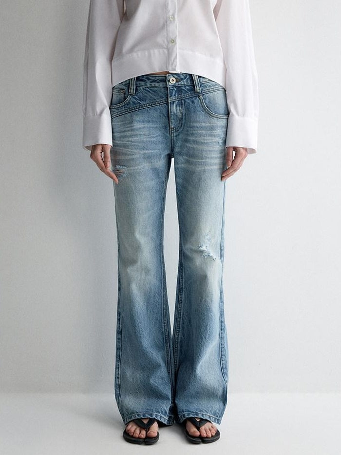 RUN TO THE FUTURE Ripped Low Rise Wide Leg Casual Loose Fit Vintage Ice Blue Denim Straight Jeans
