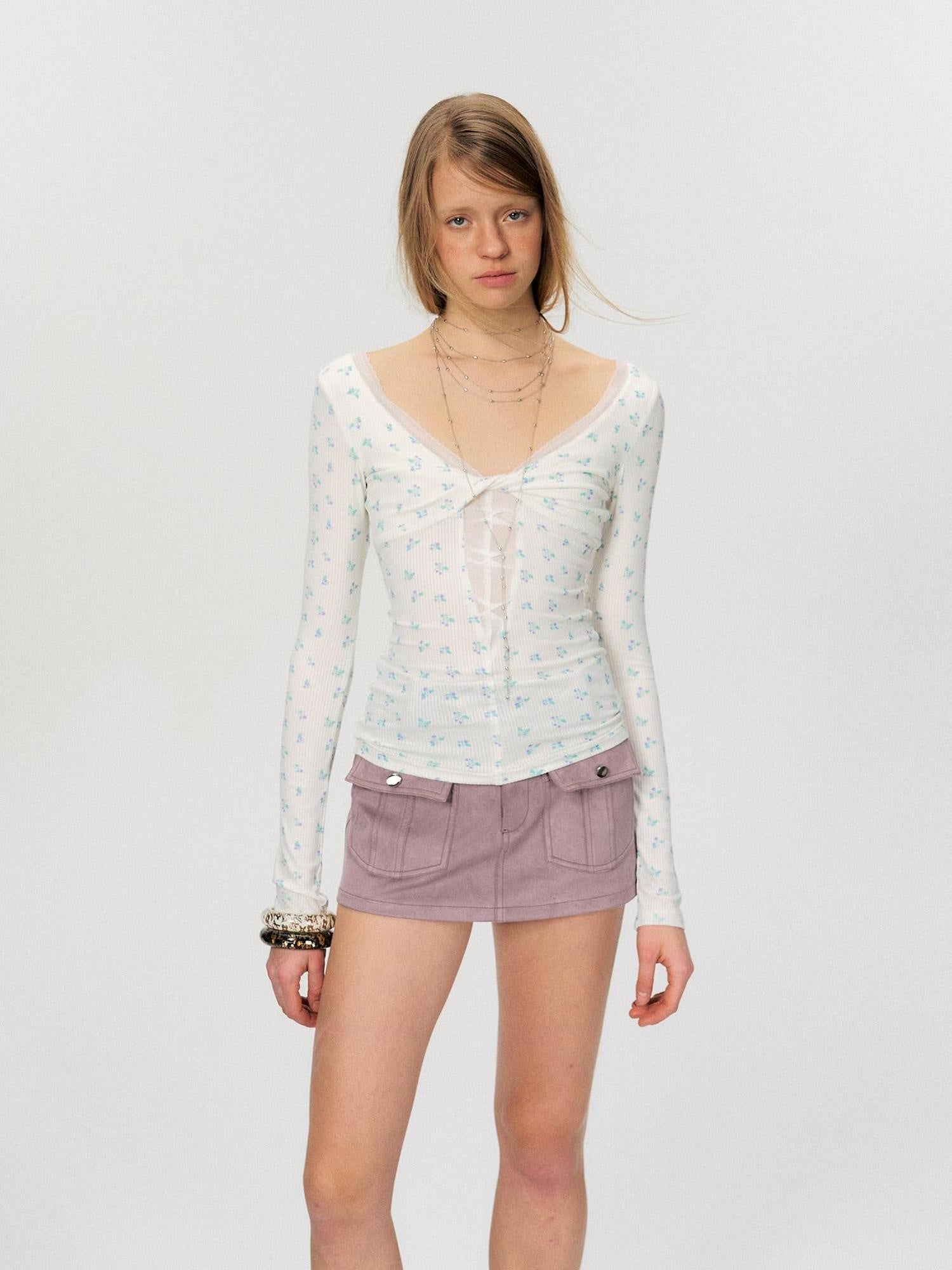 The NeverMore Sexy Mesh Floral Spliced Fitted Womens Stretch Long Sleeve Crop Tops
