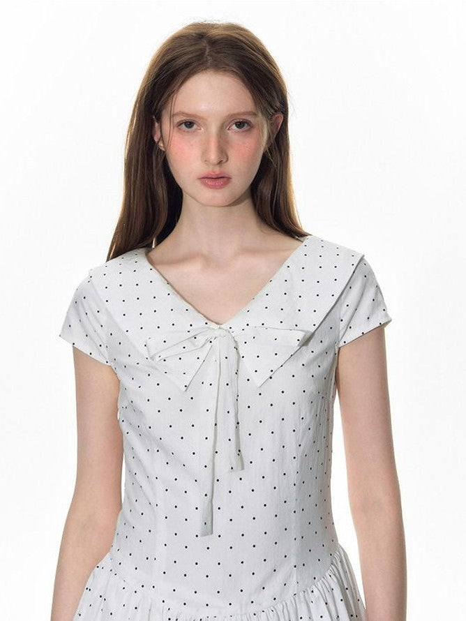 NAPSNAPS Polka Dot Sailor Collar Tie V-neck High Waist Tencel Women&