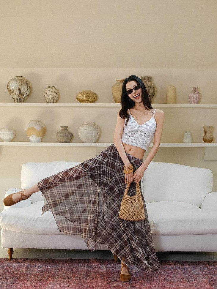 FU FRESH UP Vintage Plaid Print Irregular A Line High Waist Women&