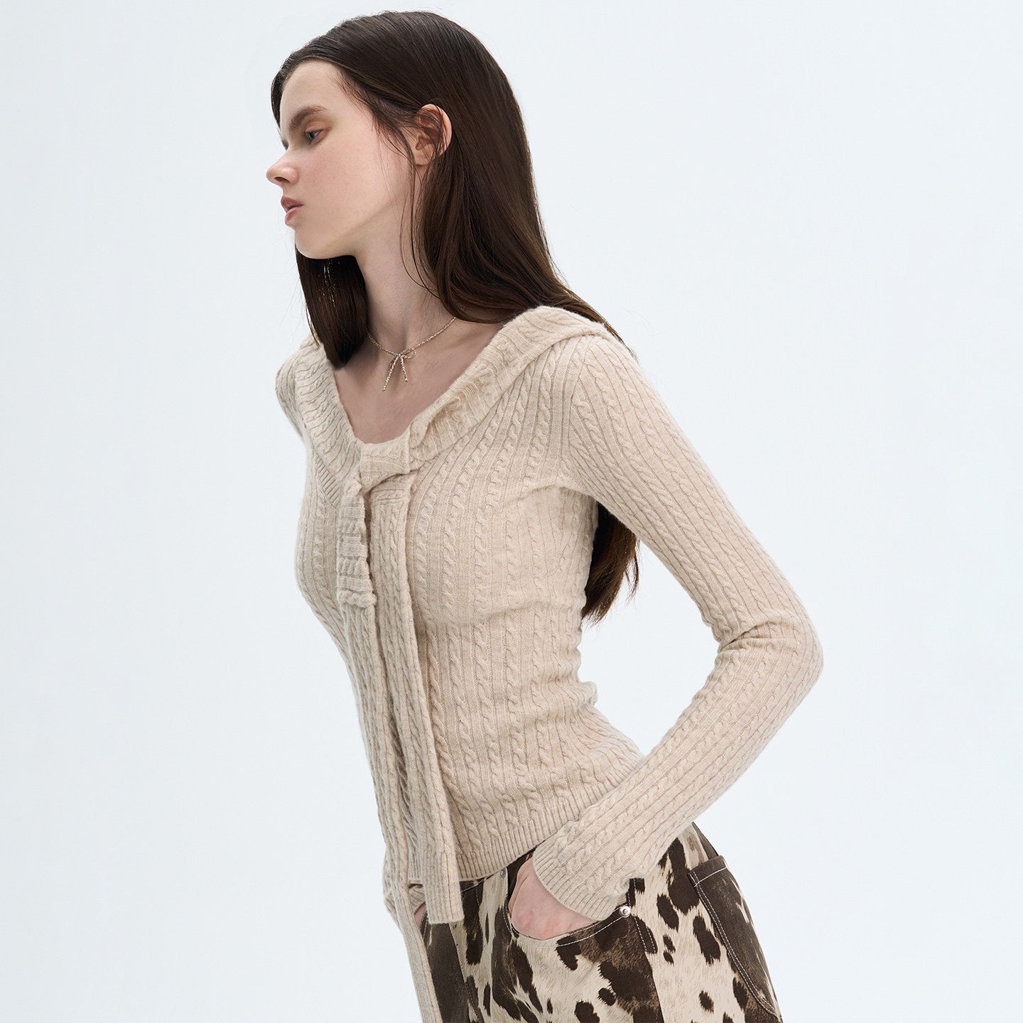 The_NeverMore_Khaki_Wool_Blend_Slim_Fit_Layered_Tie_Detail_Off_Shoulder_Pullover_Sweaters_MISSTT