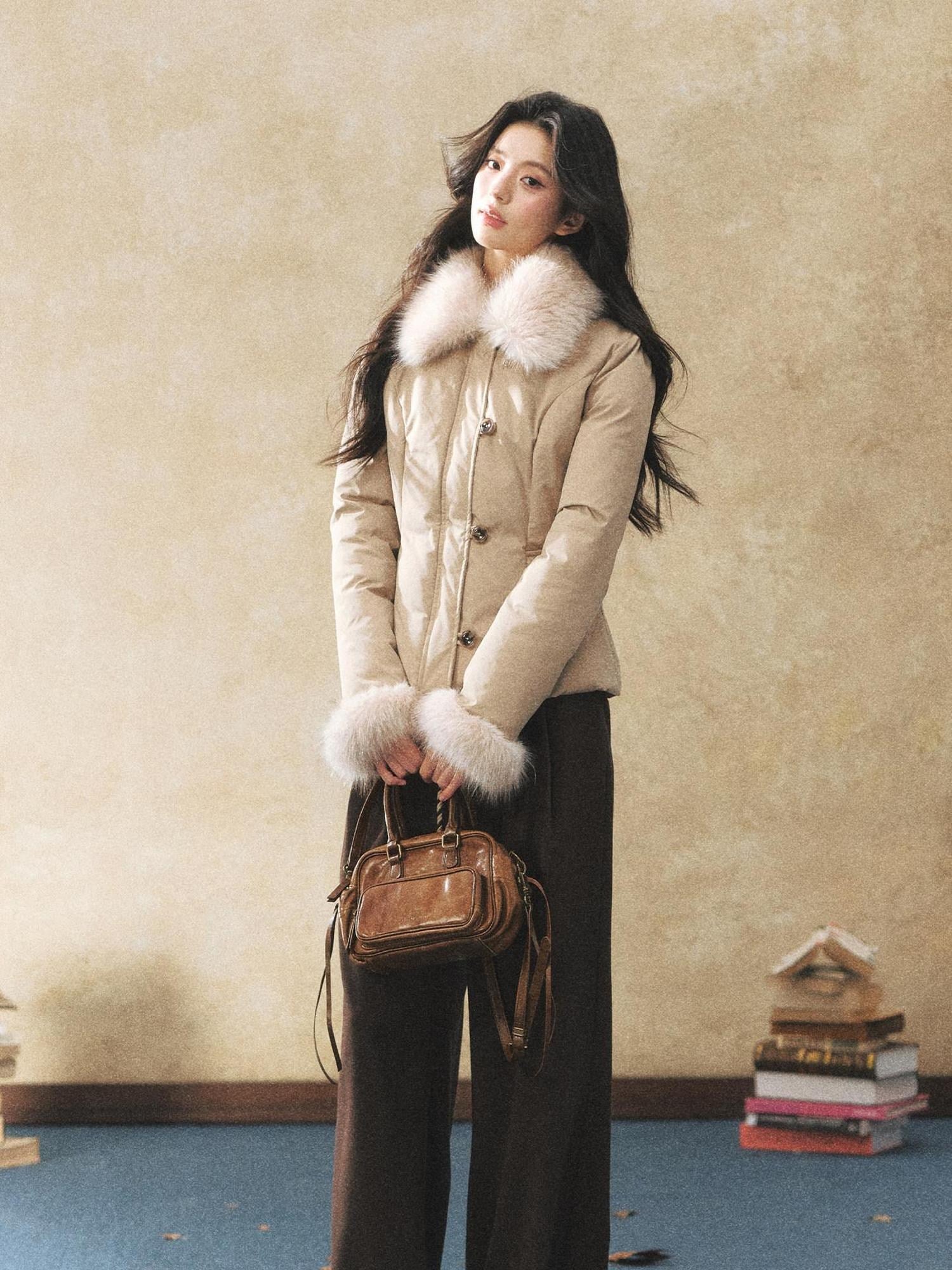 7Shiftin Warm Down Filled Plush Fur Collar Slim Fit Button Cropped Women Knit Sweaters