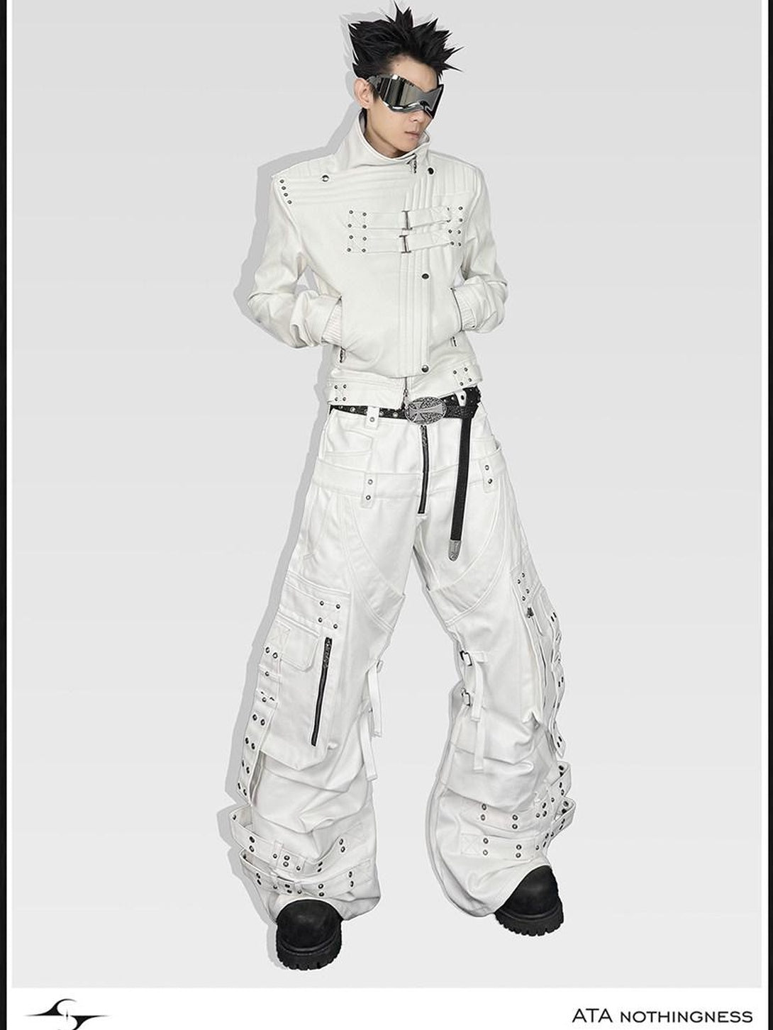 ATAnothingness Windproof Pu Cropped Zip Long Sleeve Silver Moon White Leather Jackets