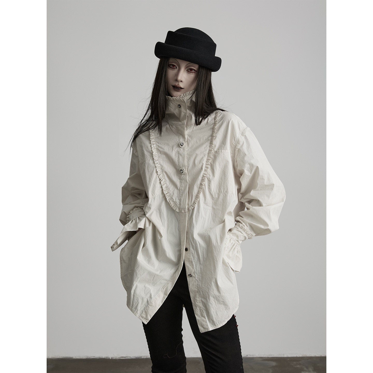 INDULGE Elegant Pleated Loose Fit Stand Collar Long Sleeve Cotton Blend Daily Blouses