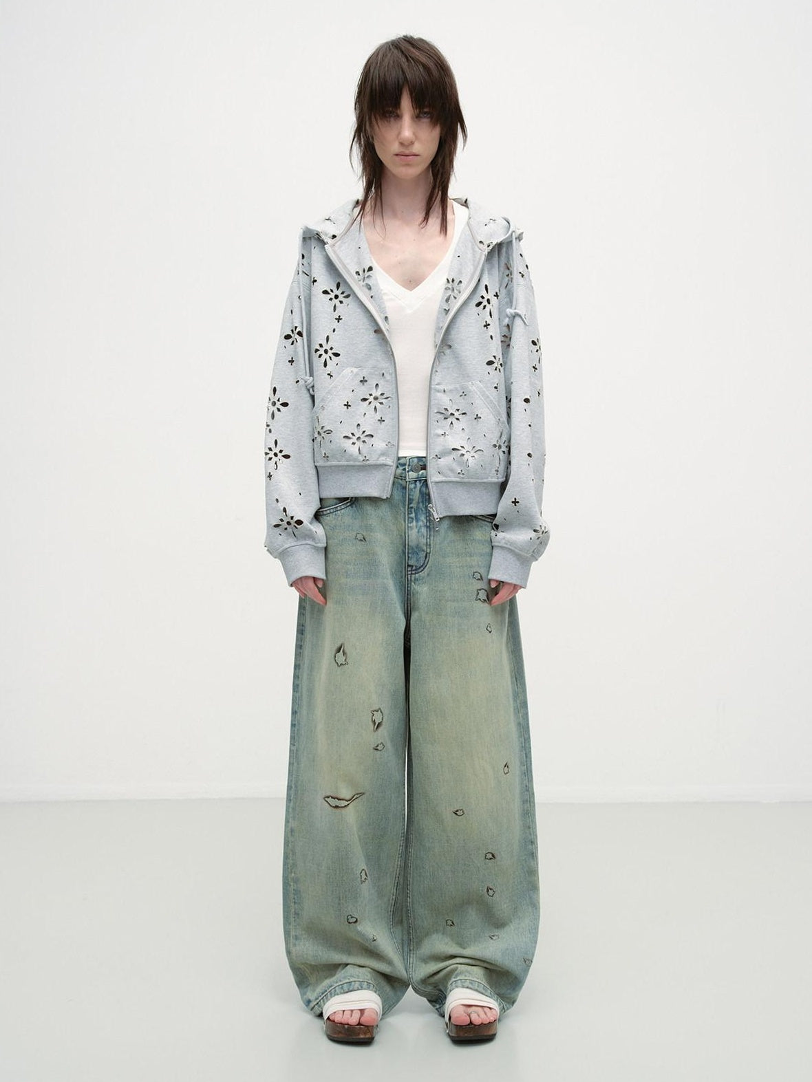 RUN TO THE FUTURE Durable Washed Low Rise Asymmetrical Vintage Unisex Printed Denim Wide-Leg Jeans
