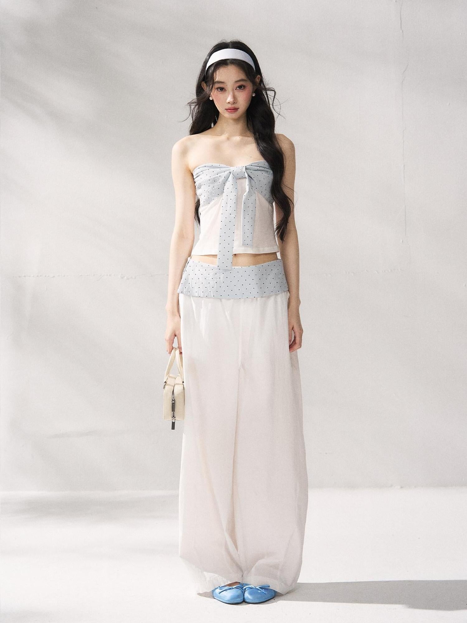 7Shiftin Polka Dot Bow Cropped Three Piece High Waist Sleeveless Women Top & Pants Sets