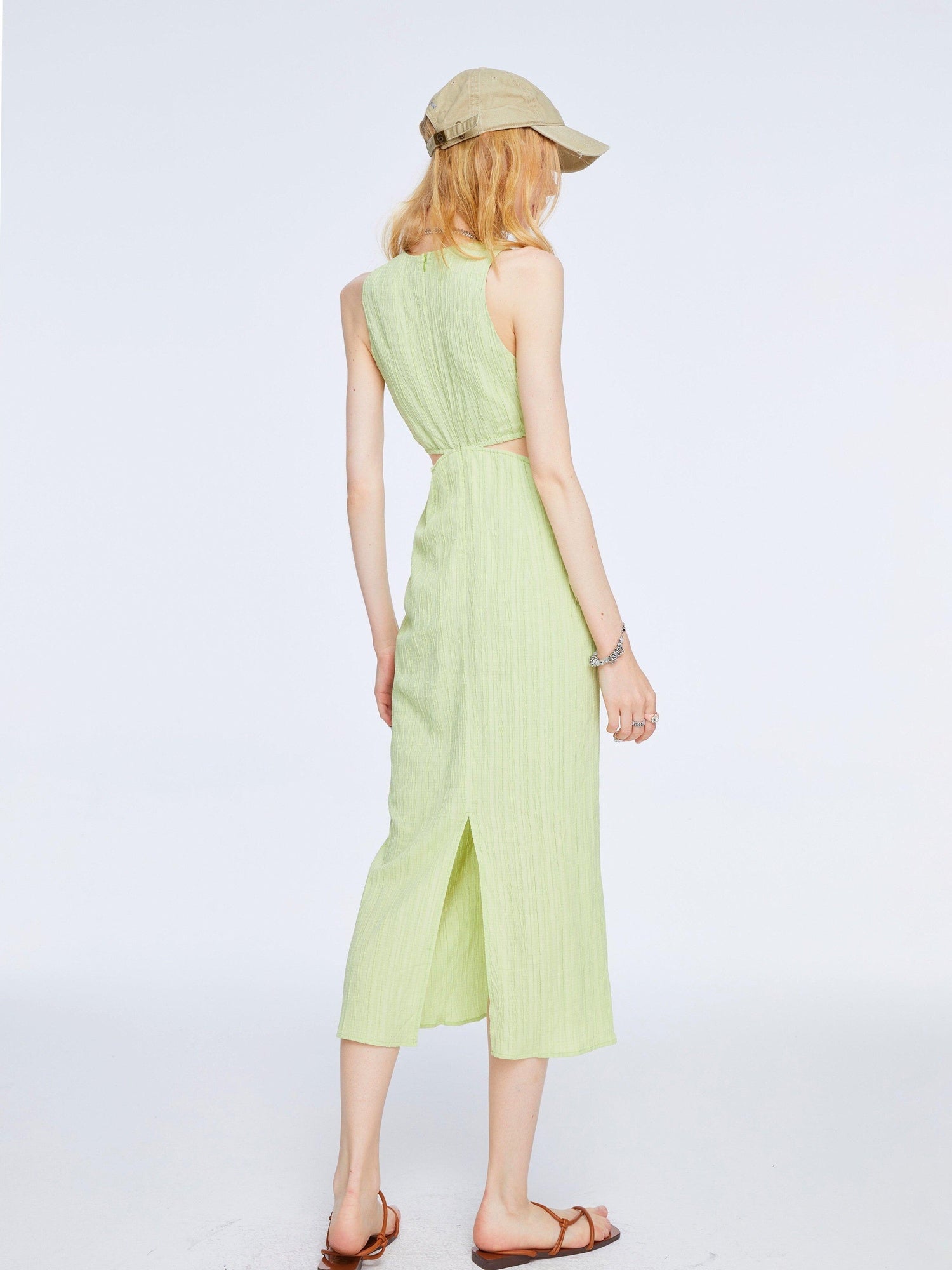 The NeverMore High Waist Pleated Street A Line Sleeveless Women Green Maxi Dresses
