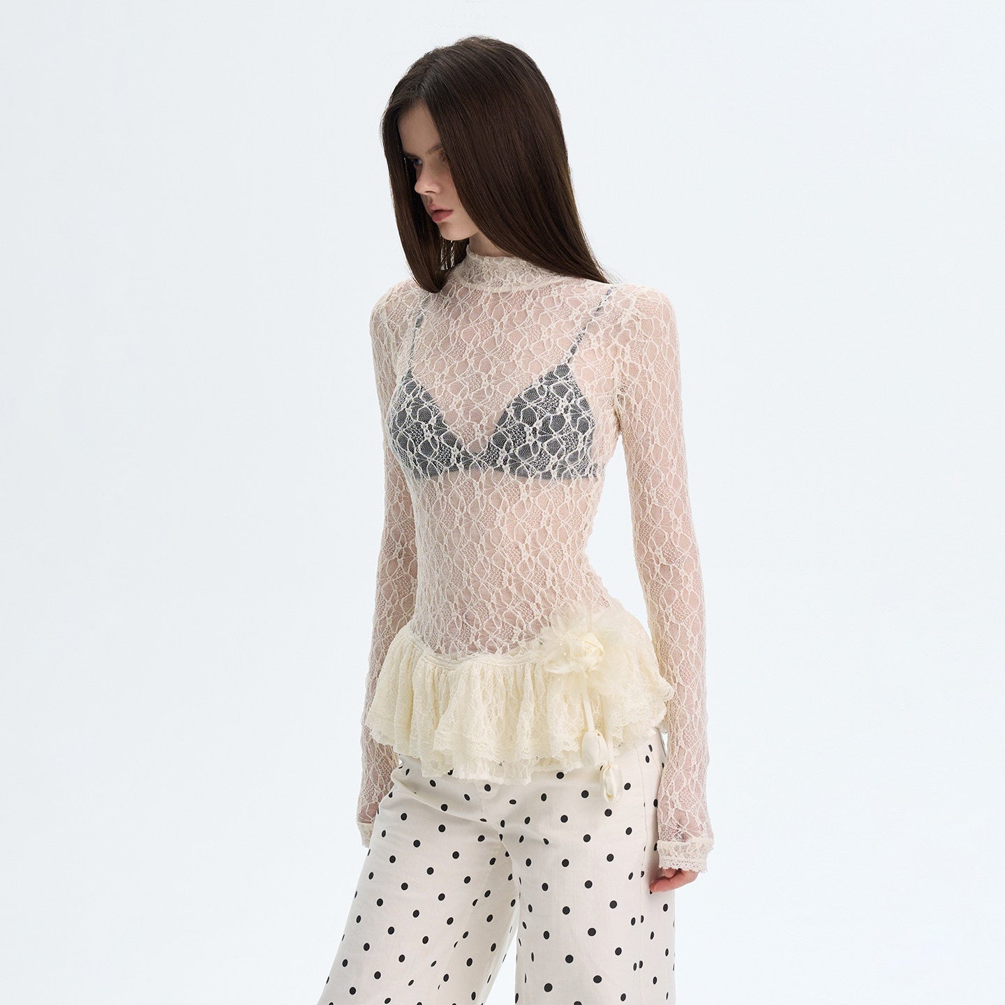 The NeverMore High Stretch Nylon Lace Vintage Slim Layered For Women Long Sleeve Crop Tops