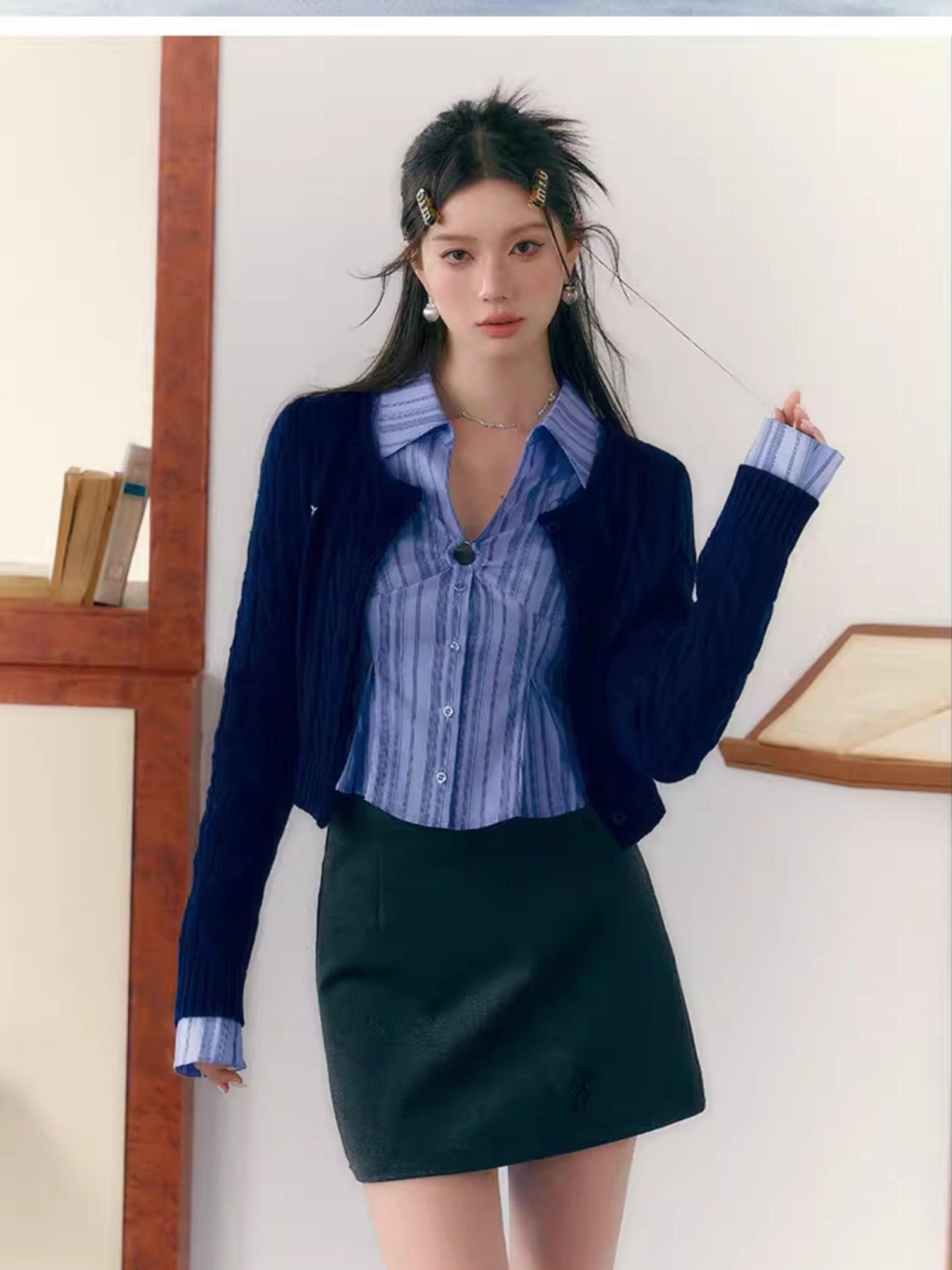 7Shiftin Crop Two Piece Casual Short Length Layered Set For Women Blue White Shirts