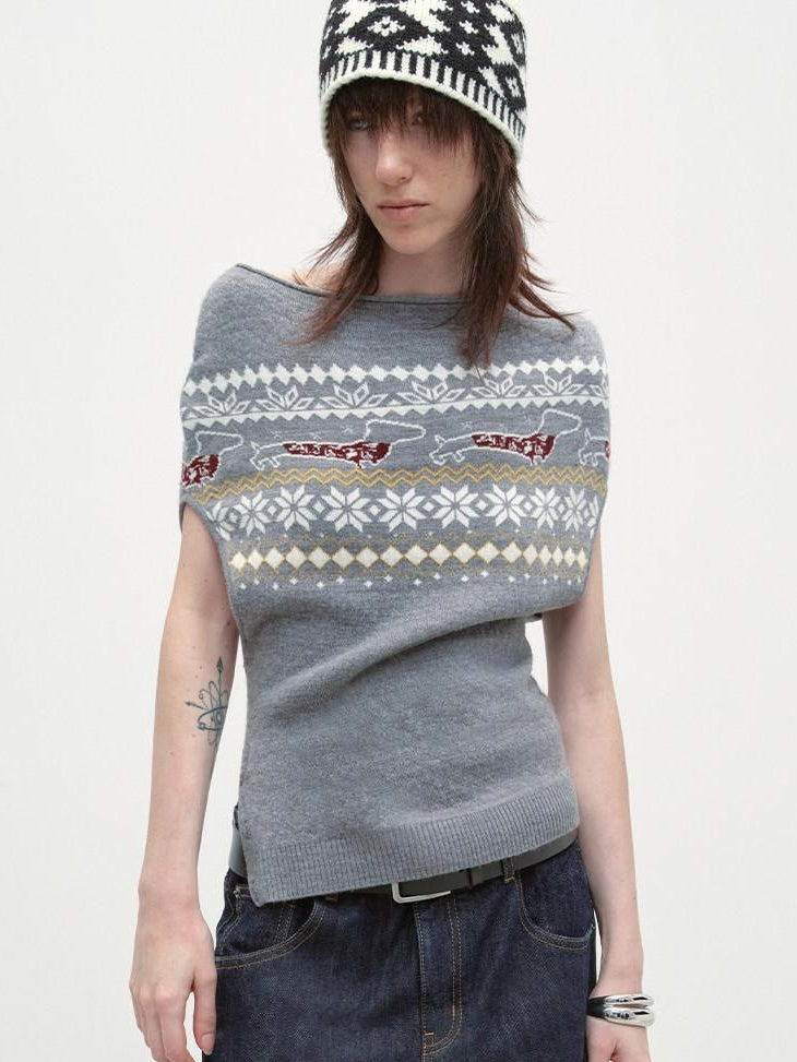 RUN TO THE FUTURE Acrylic Wool Blend Slim Cape Animal Print Women Asymmetrical Neck Grey Sweaters