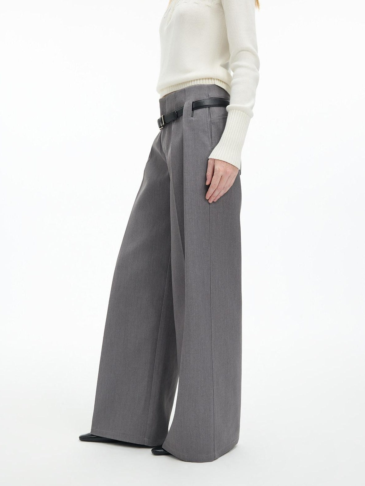 RUN TO THE FUTURE Low Rise Jacquard Minimal Casual Women Light Heather Gray Wide-Leg Pants
