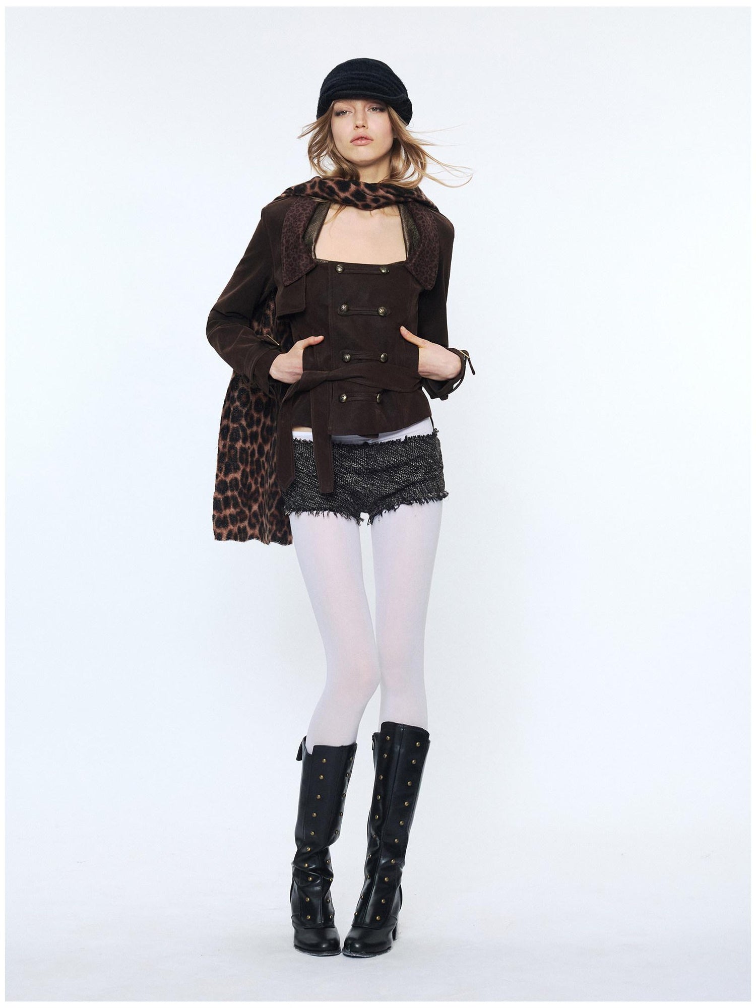 2th Desire Waist Cinch Punk Leopard Print Slim Fit Zip Short Women Trench Coats