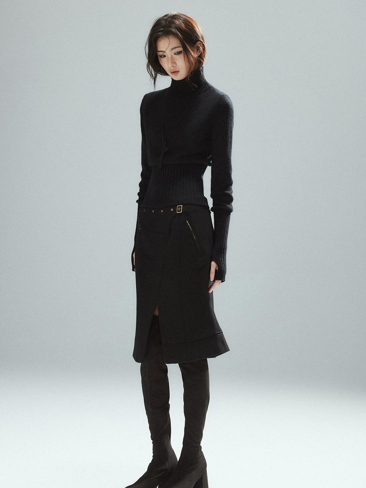 Low pixel Wool Blend Lined Patchwork Hline Slim Low Waist Black Side Zip Midi Skirts