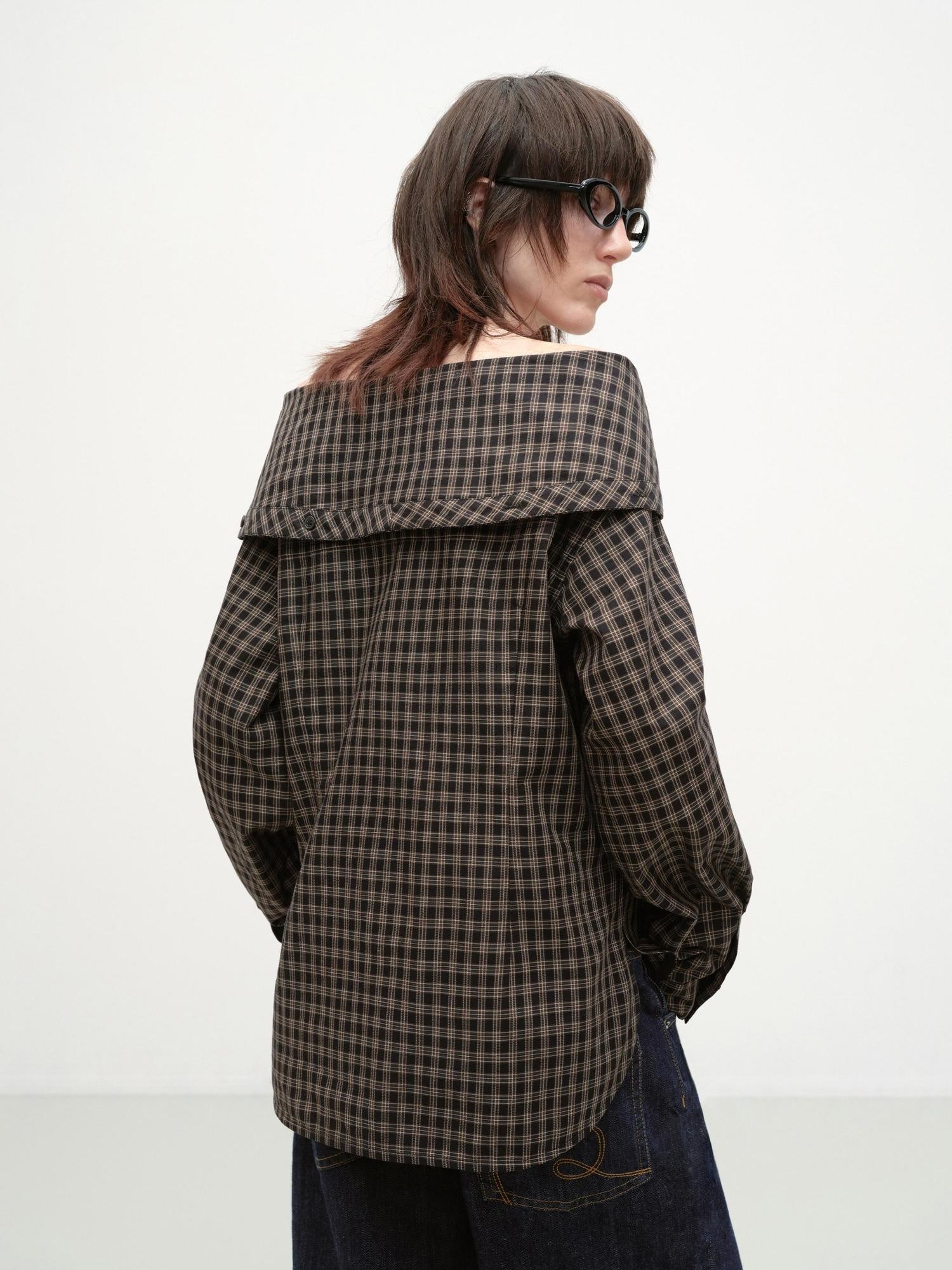 RUN TO THE FUTURE Original Design Breathable Cotton Loose Fit Plaid Bardot Womens Blouses