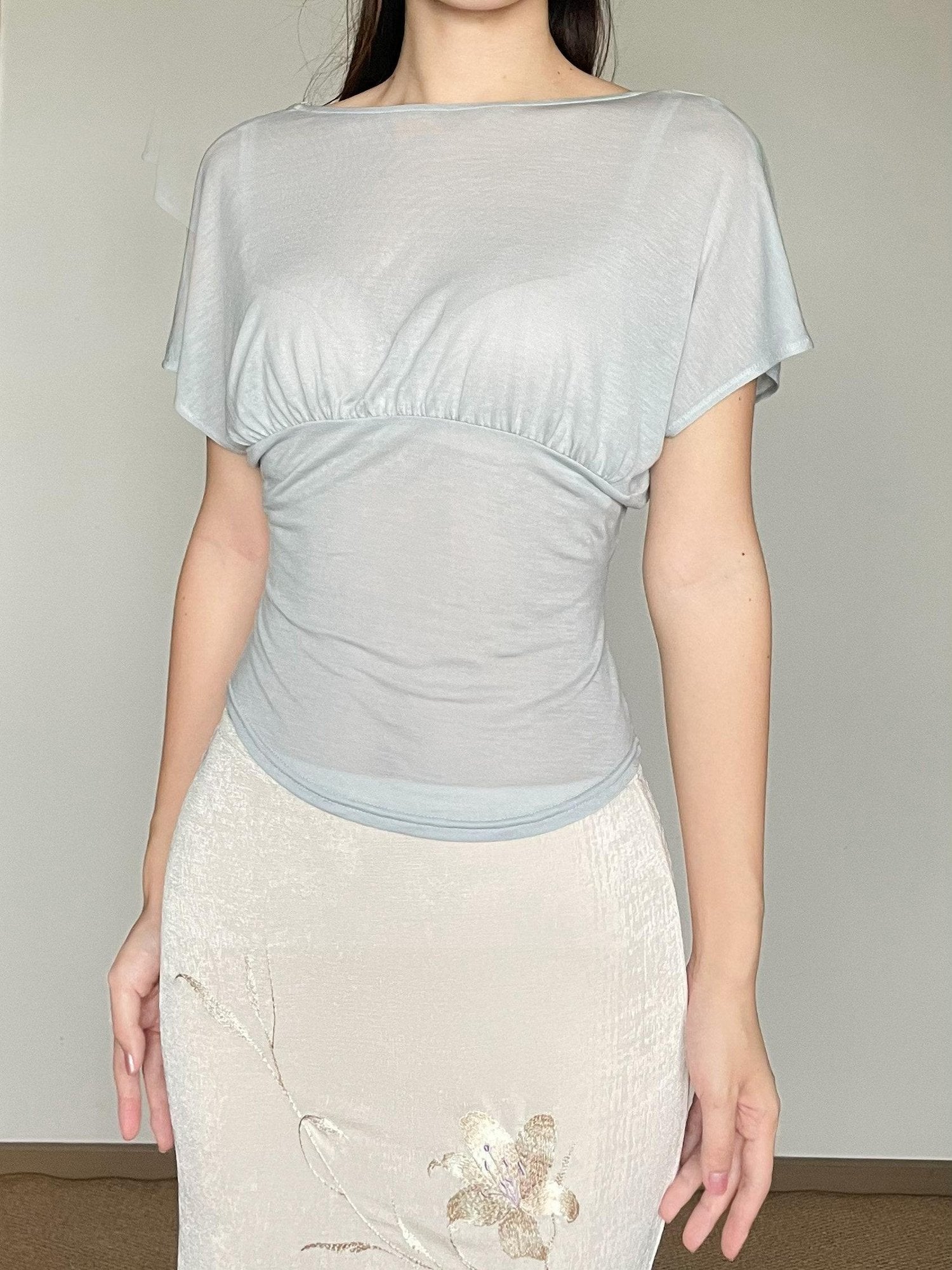 Wet Tail Pure Lyocell Slim Fit V-neck Flare Sleeve Women Cheongsam Short Sleeve T-Shirts