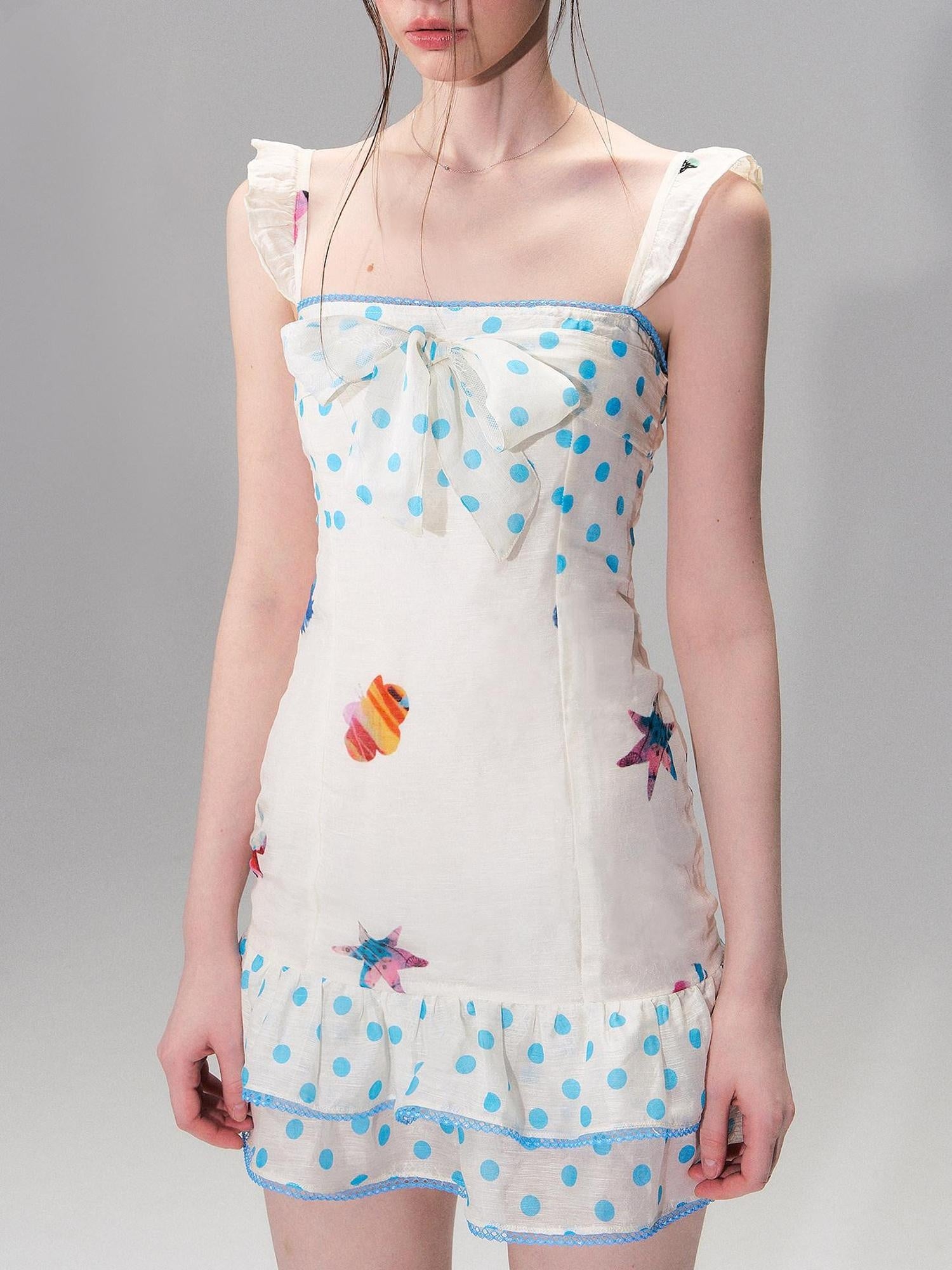 The NeverMore Linen Tie Waist Square Neck Aline Slim Ladies Printed Mini Dresses