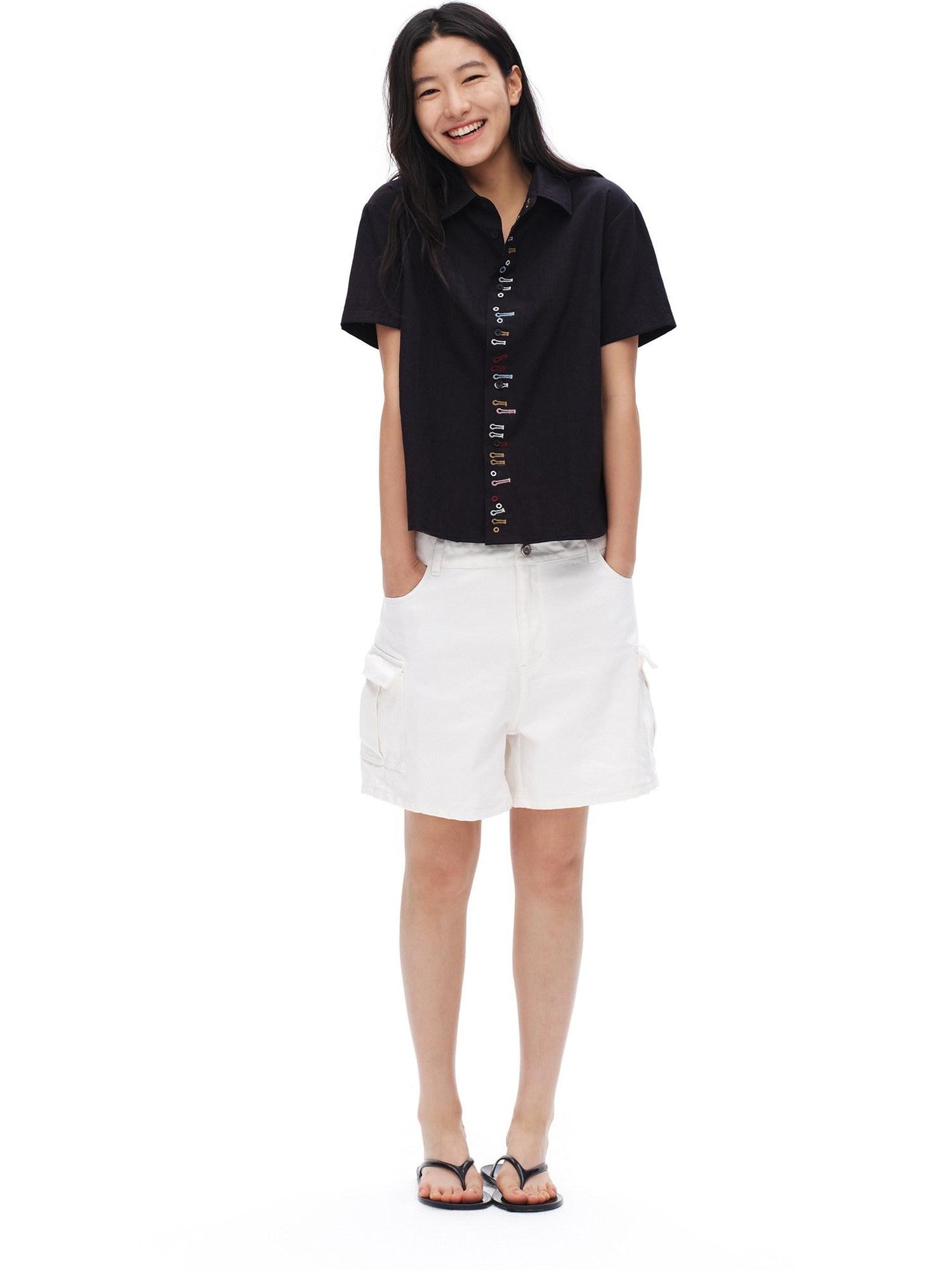 oinimi White Vintage Bermuda Cargo Button Fly Pocket Women&