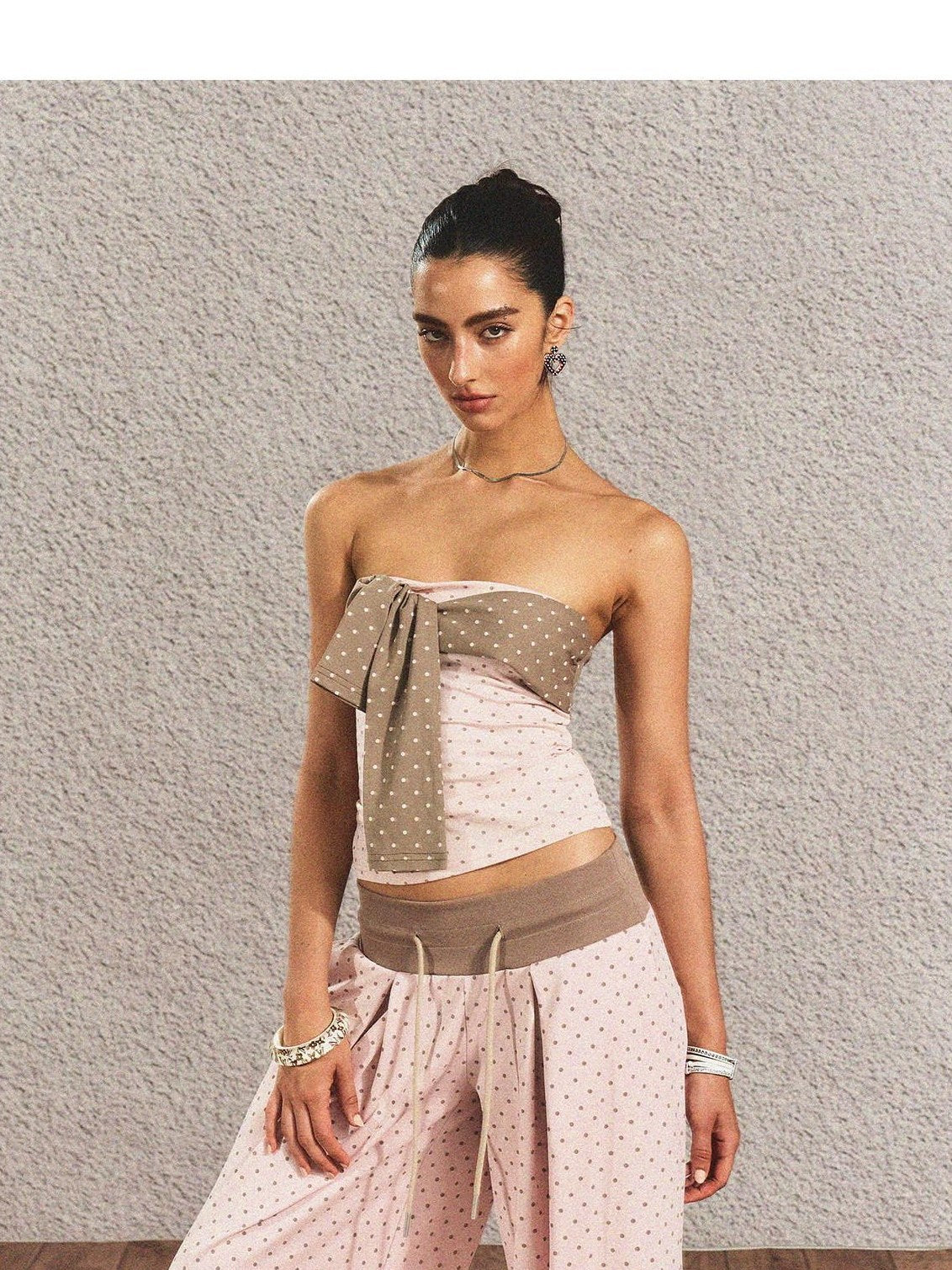 The NeverMore Polka Dot Cotton Two Piece Colorblock Sexy High Waist Pants Tube Tops