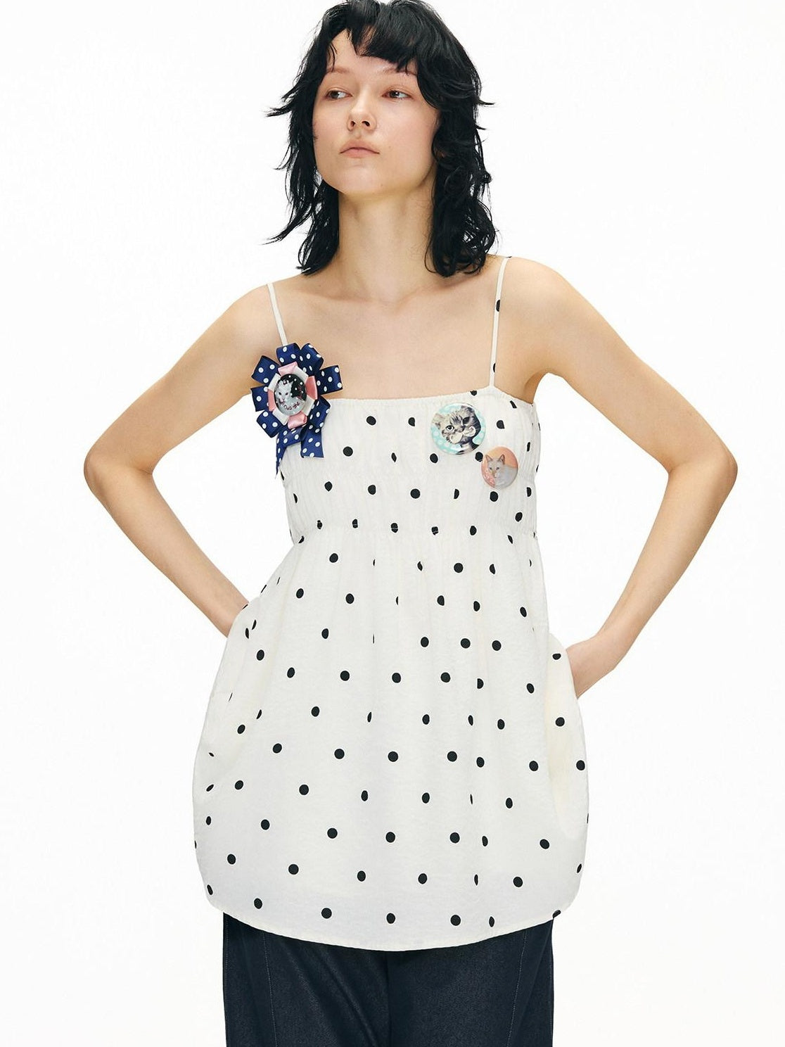 OuttheBlue Soft Cotton Loose Fit Polka Dot Spaghetti Strap Beige Slip Mini Dresses