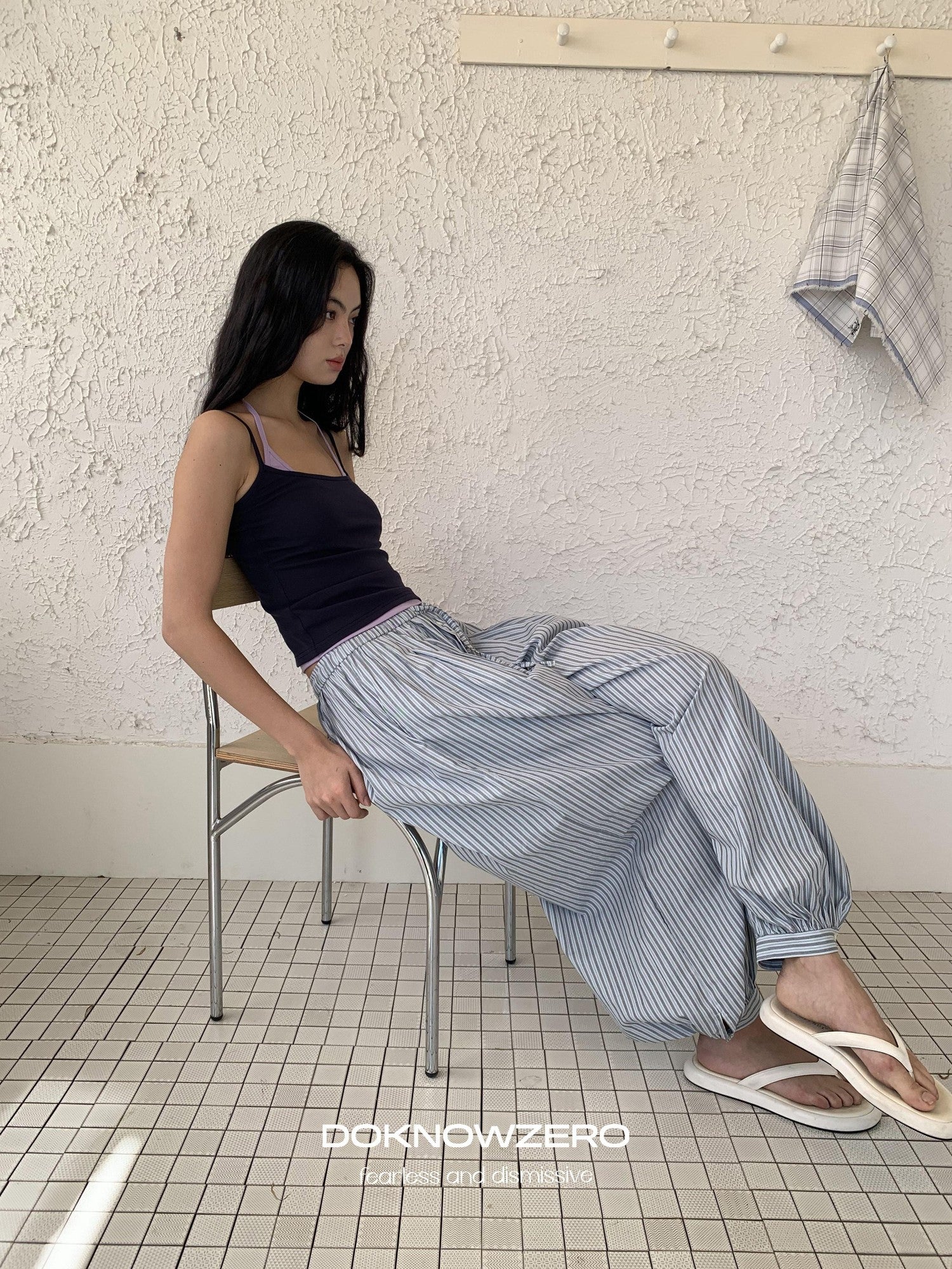 DKZ OFFICIAL Blue White Striped Relaxed Tapered Women&