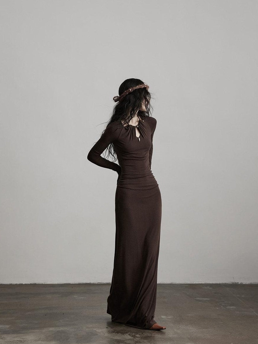 INDULGE Soft Modal Wool Cutout Slim Fit Long Sleeve Casual Brown Bodycon Maxi Dresses
