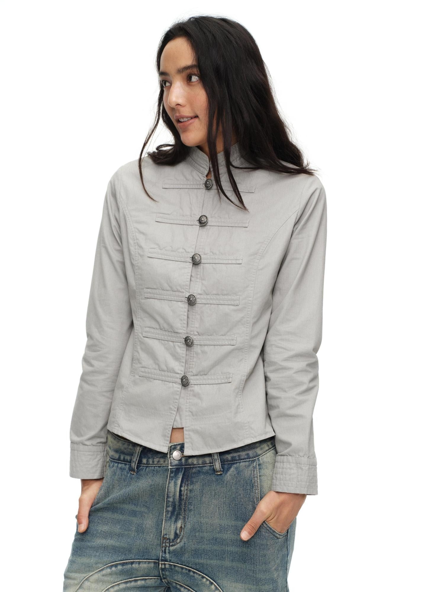 oinimi Star Gray Washed Napoleon Button Stand Collar Fitted Waist Women&