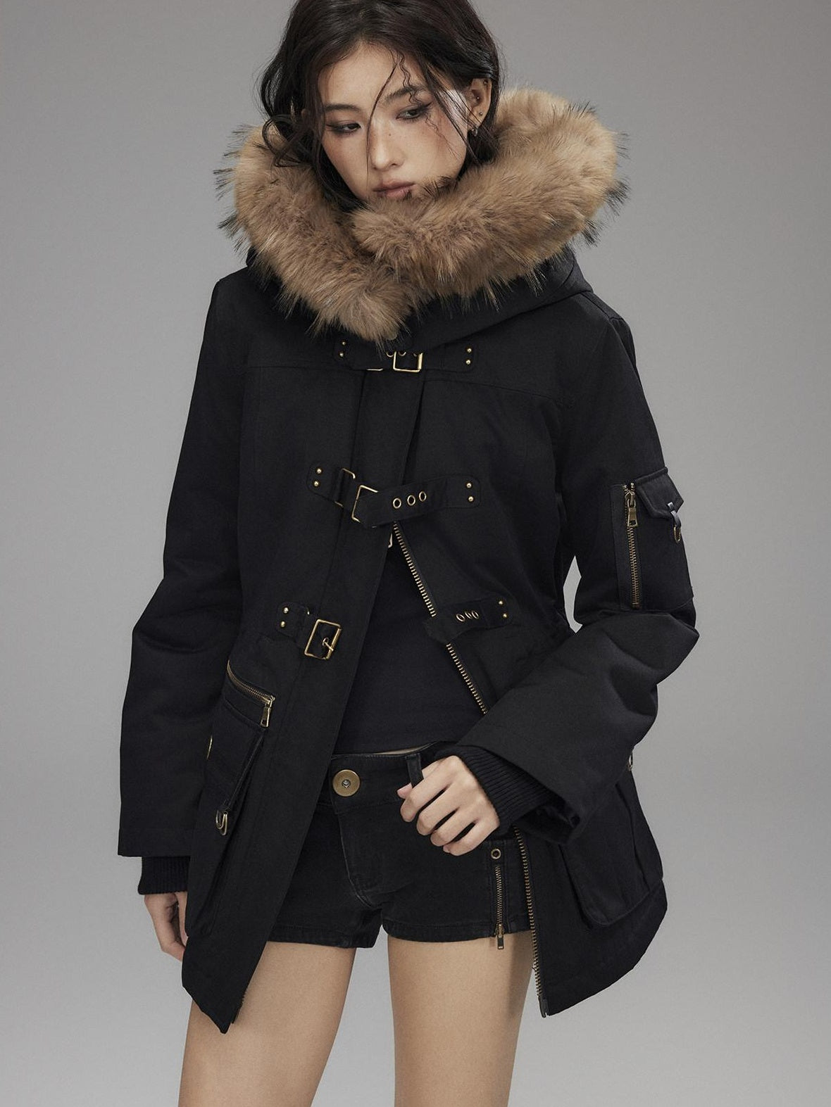 Low pixel Warm Cotton Utility Cinched Waist Multi Pocket Hooded Women Black Puffer Jackets