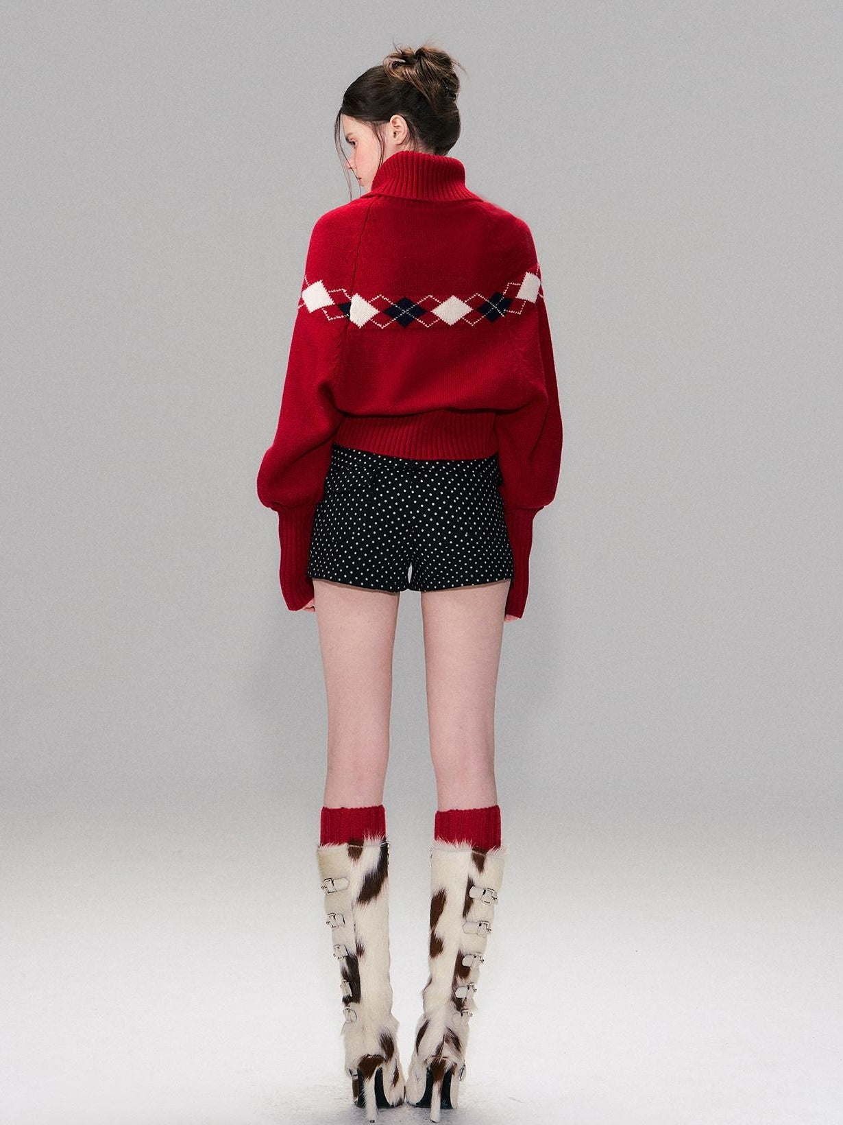 The NeverMore Warm Wool Pullover Vintage Jacquard Cape Batwing Women High Neck Red Sweaters
