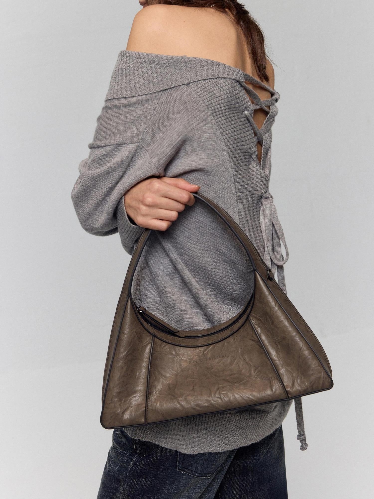 RUN TO THE FUTURE Waxed Leather Soft Handle Vintage Topstitch Medium Zipper Daily Handbags