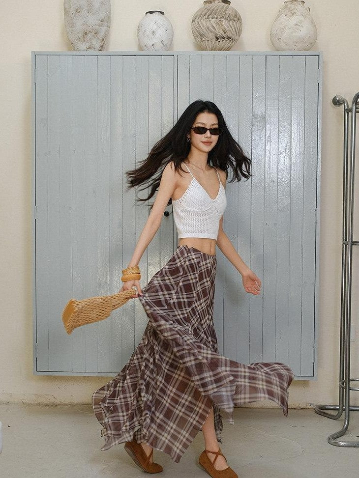 FU FRESH UP Vintage Plaid Print Irregular A Line High Waist Women&