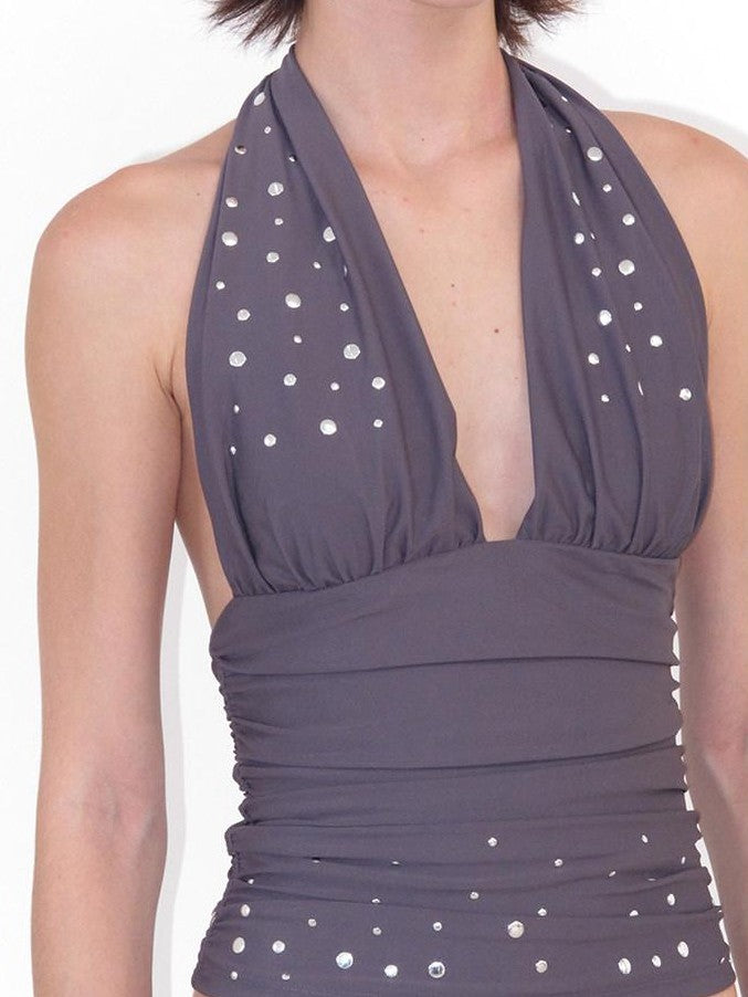 Mito de dar Purple Gray Sequin Halter Ruffle Women&