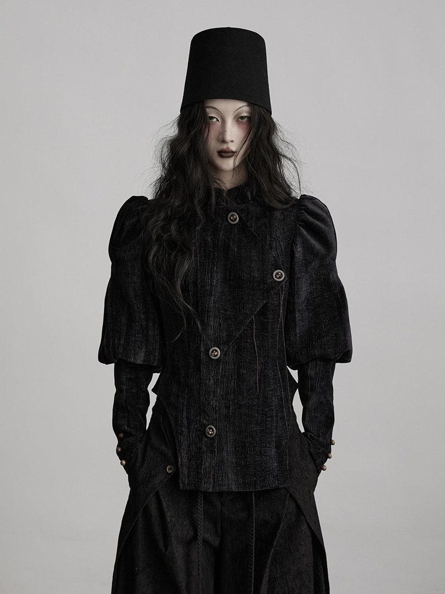 INDULGE Stretchy Waist Cinch Gothic Loose Fit Button Front Women Black Cropped Jackets
