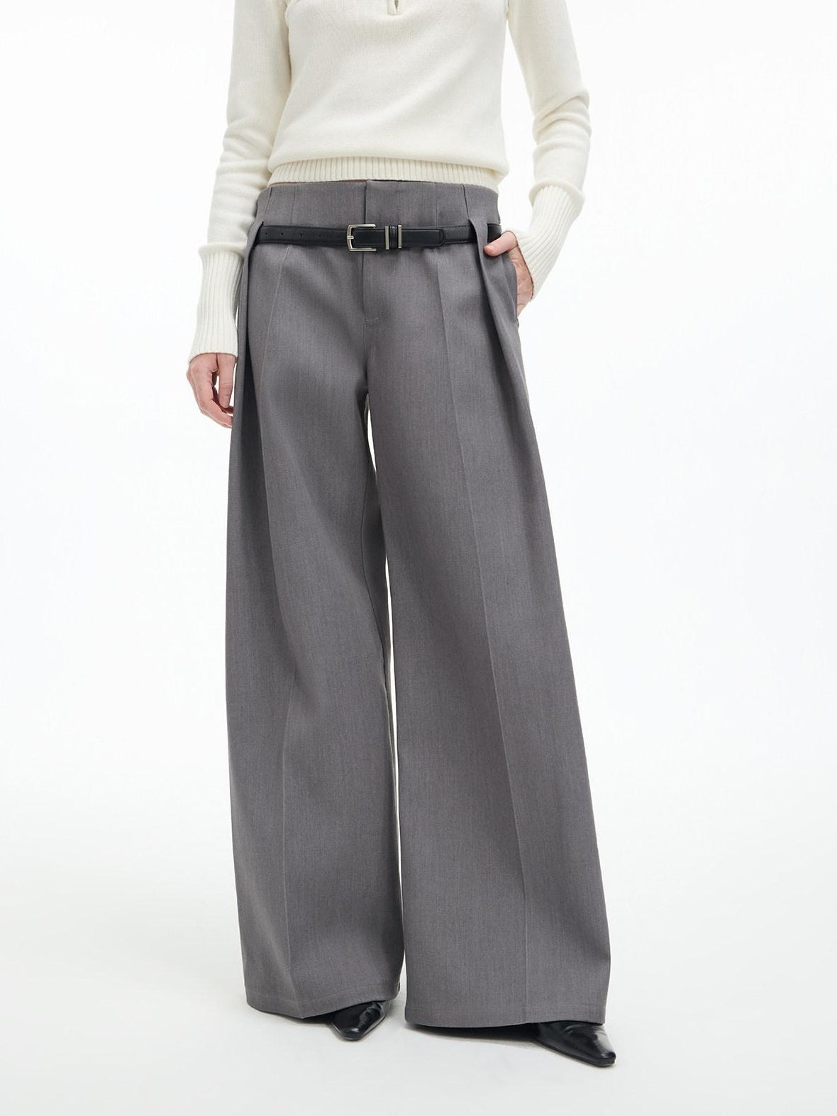 RUN TO THE FUTURE Low Rise Jacquard Minimal Casual Women Light Heather Gray Wide-Leg Pants