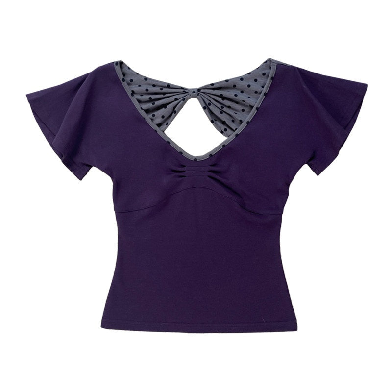 nit_alcove_Bow_Detail_Slim_V-neck_Cotton_Polka_Dot_Commuter_Women_Basic_Crop_Tops_MISSTT