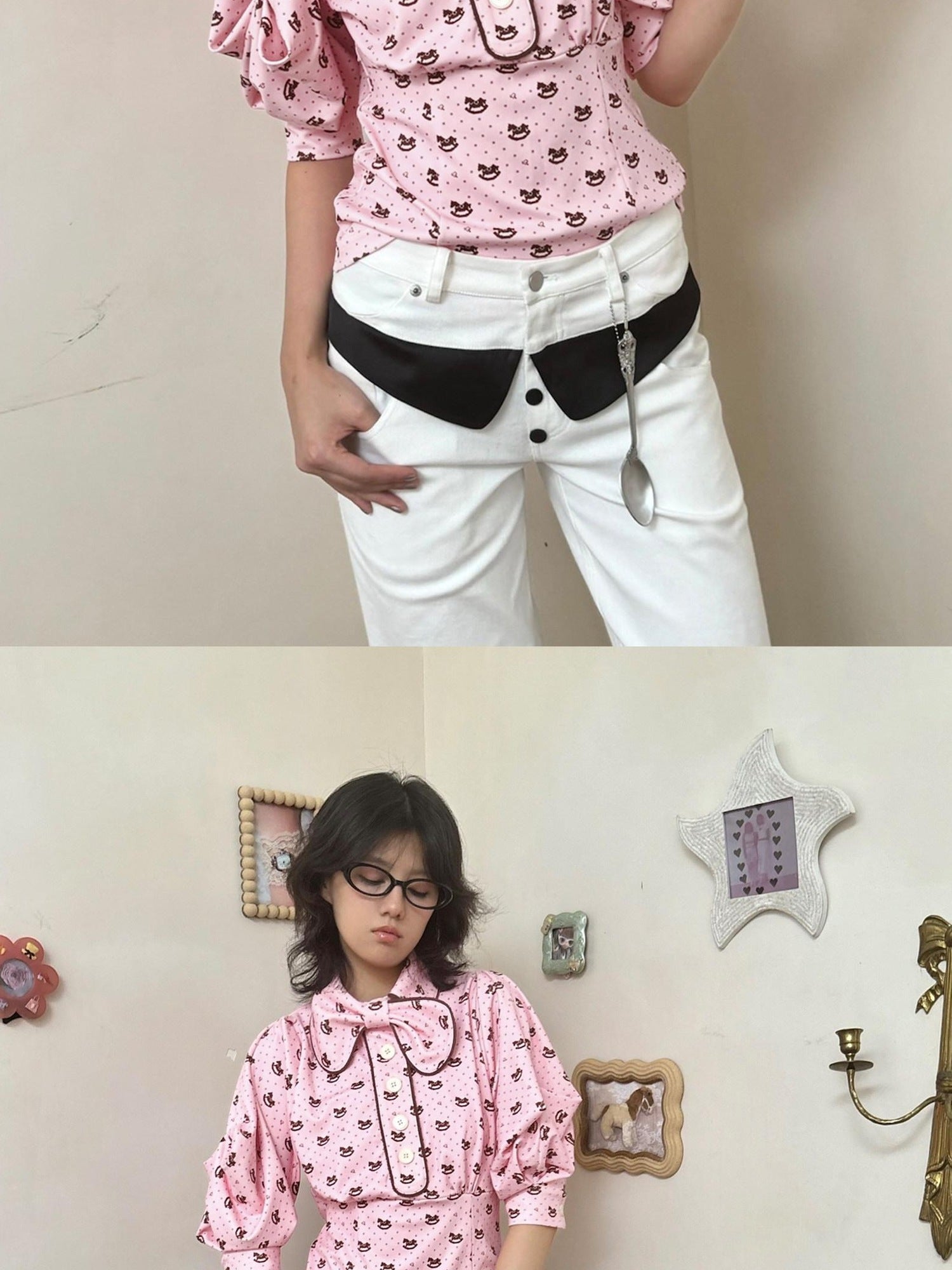 nit alcove Slimming Cute Loose Folded Princess Short Sleeve Unisex Shape Retaining Blouses
