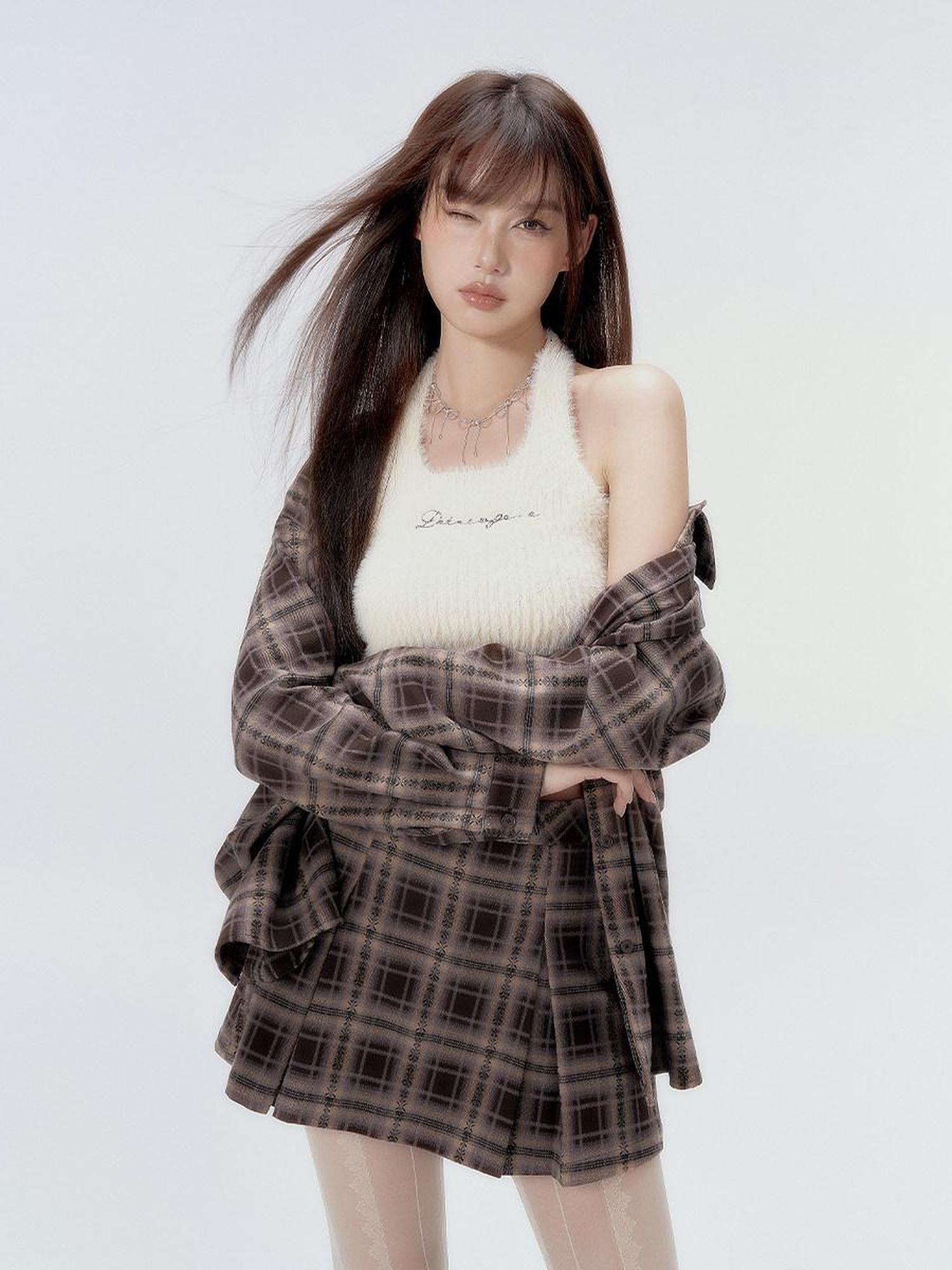 DKZ OFFICIAL Plaid Shirred Drop Shoulder Women&
