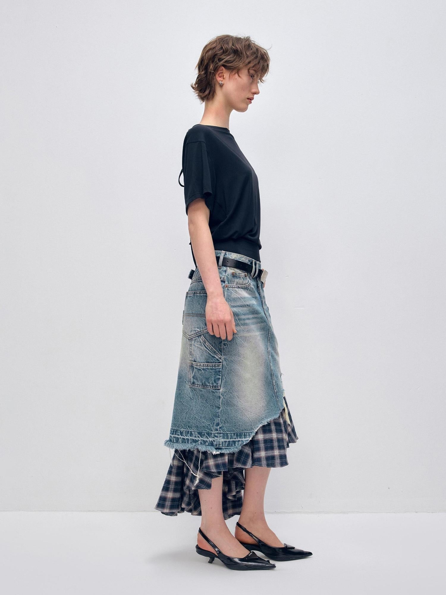 RUN TO THE FUTURE Vintage Patchwork Distressed Low Waist Slim A Line Denim Women Midi Skirts