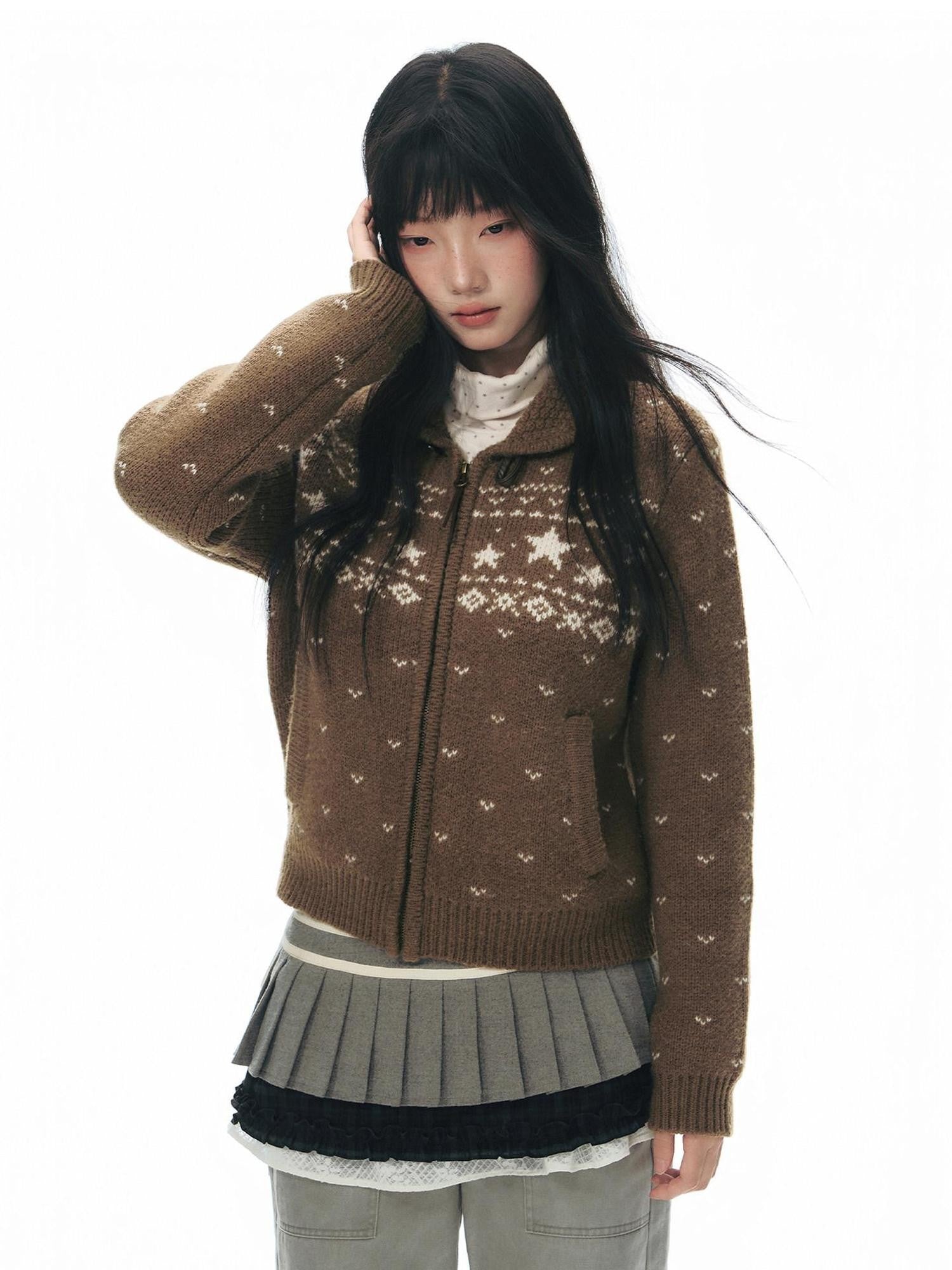 NAPSNAPS Vintage Fair Isle Star Knit Turndown Collar Women&