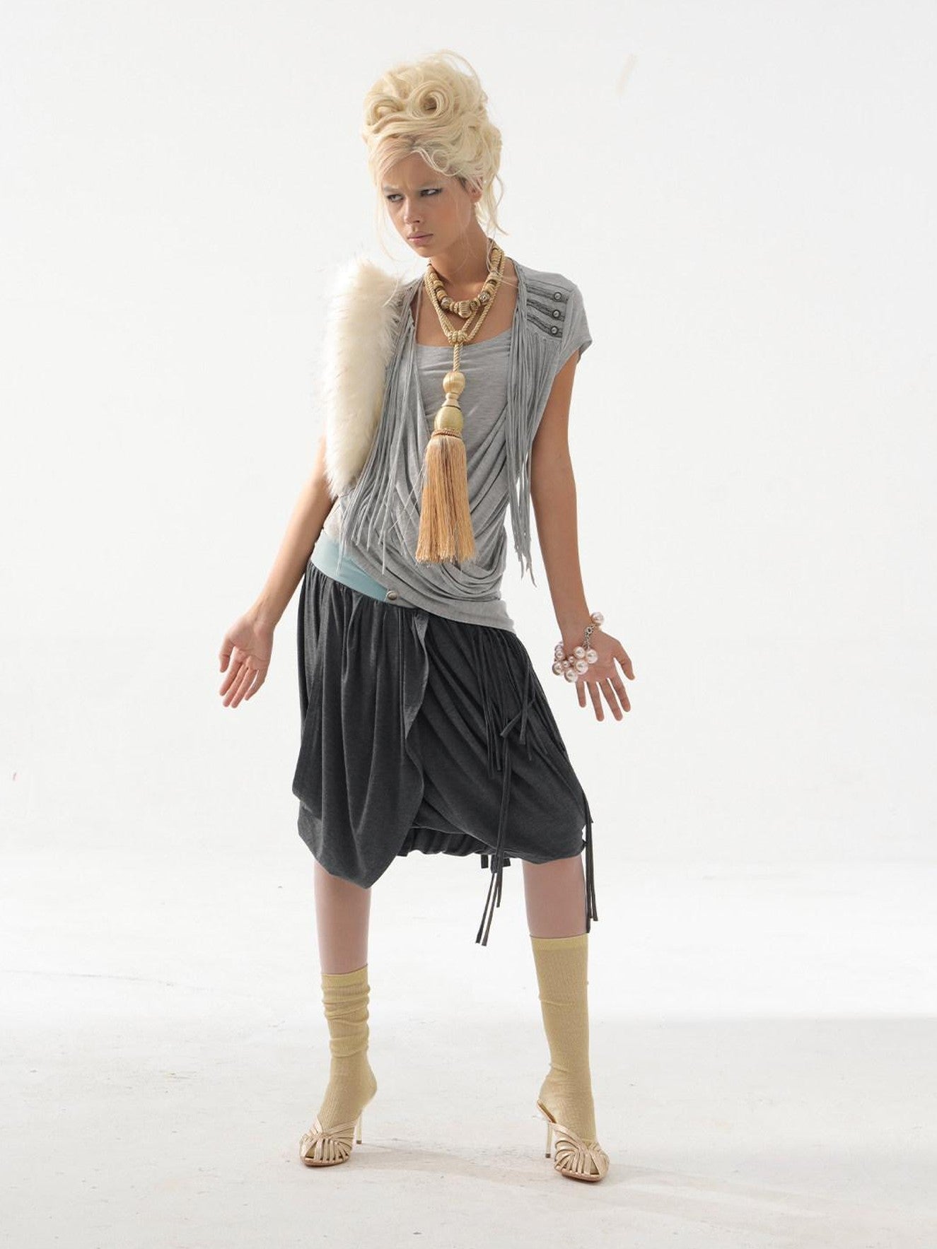 DoublePunch Desert Sand Asymmetric Draped Tassel Knit Women&