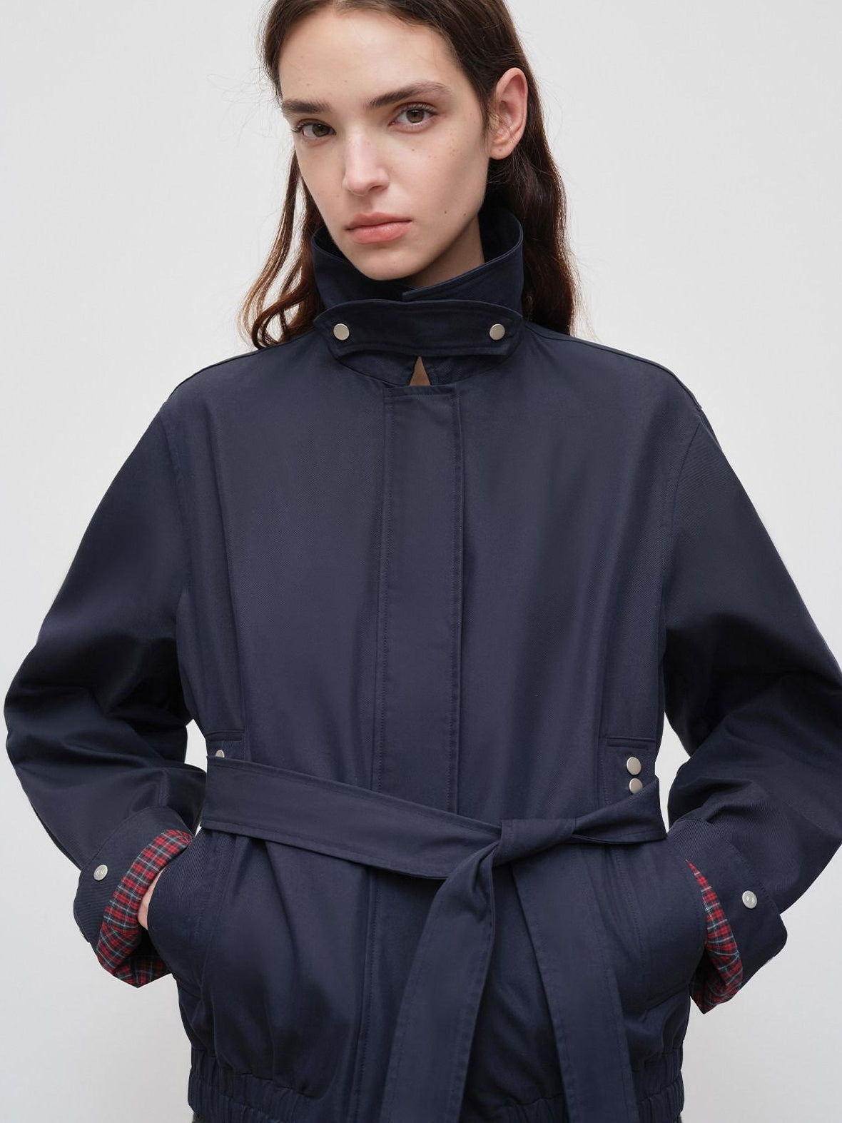 RUN TO THE FUTURE Windproof Lightweight American Loose Fit Plaid Zip Navy Women Windbreakers