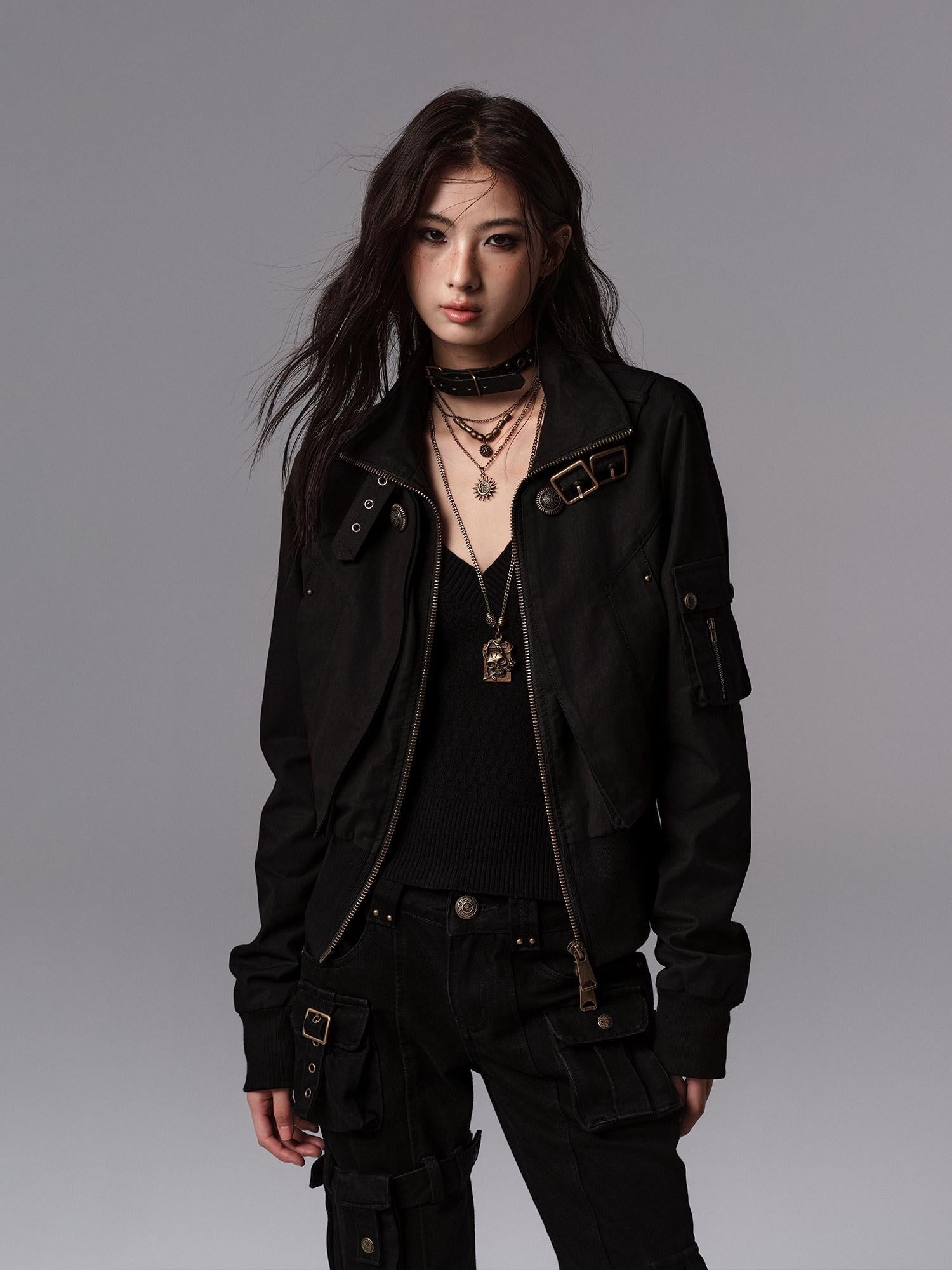 Low pixel Windproof Vintage Slim Metal Detail Women Cotton Lyocell Button Cropped Jackets