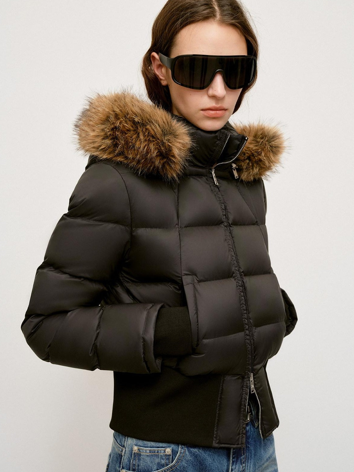 RUN TO THE FUTURE Warm 90 Percent White Duck Slim Hooded Fur Collar Black Women Zip Down Jackets