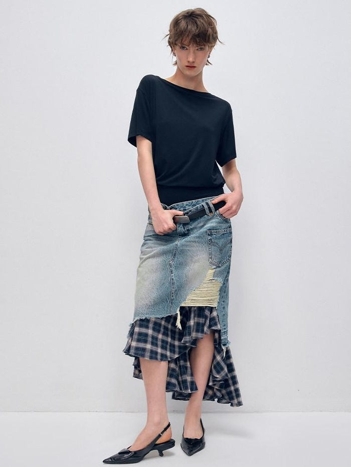 RUN TO THE FUTURE Vintage Patchwork Distressed Low Waist Slim A Line Denim Women Midi Skirts